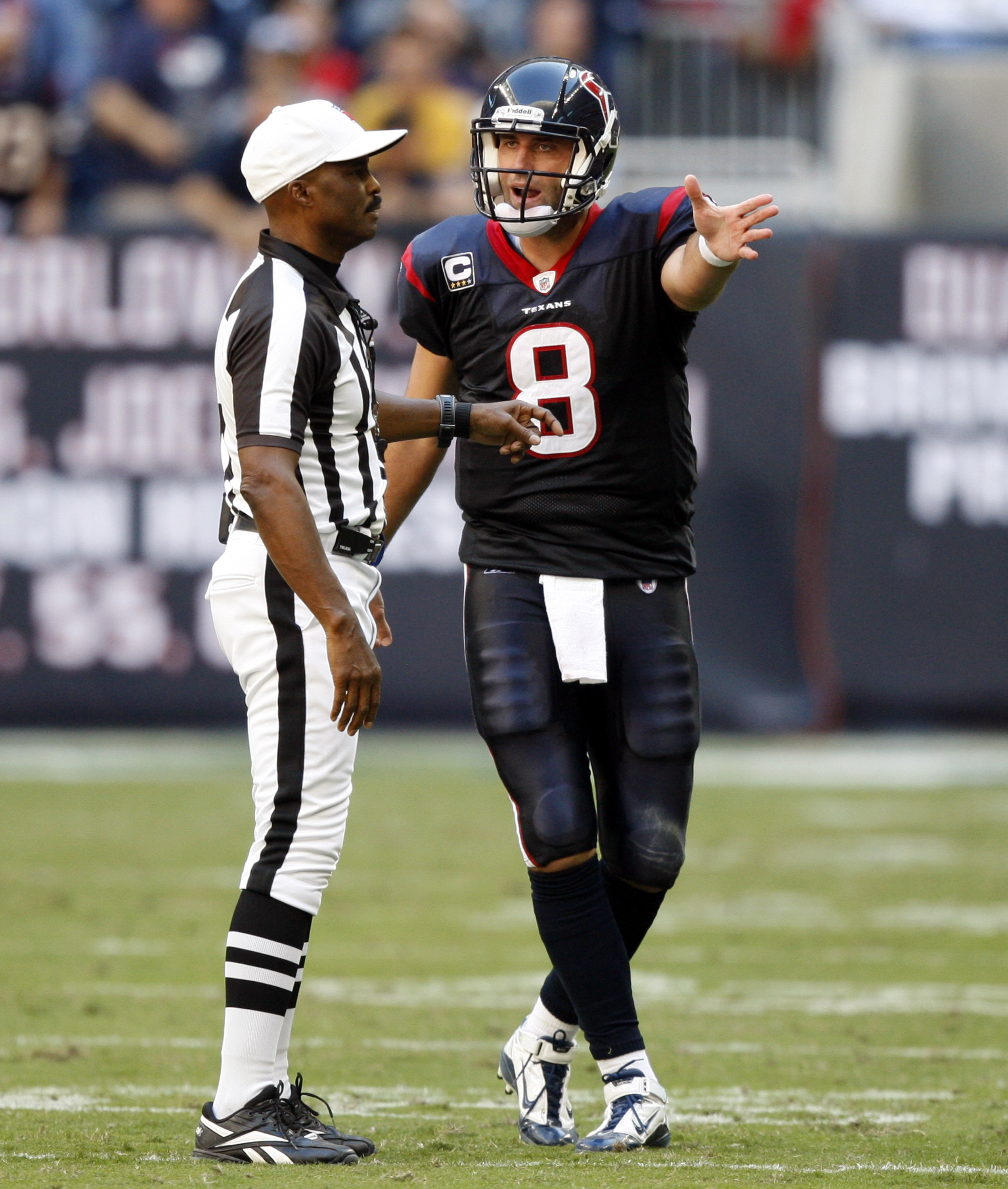 HOUSTON - NOVEMBER 07:  Quarterback Matt Schaub #8 of the Houston Texans argues with referee Mike Carey #64 as he calls intentional grounding on him during a game against the San Diego Chargers at Reliant Stadium on November 7, 2010 in Houston, Texas.  (P