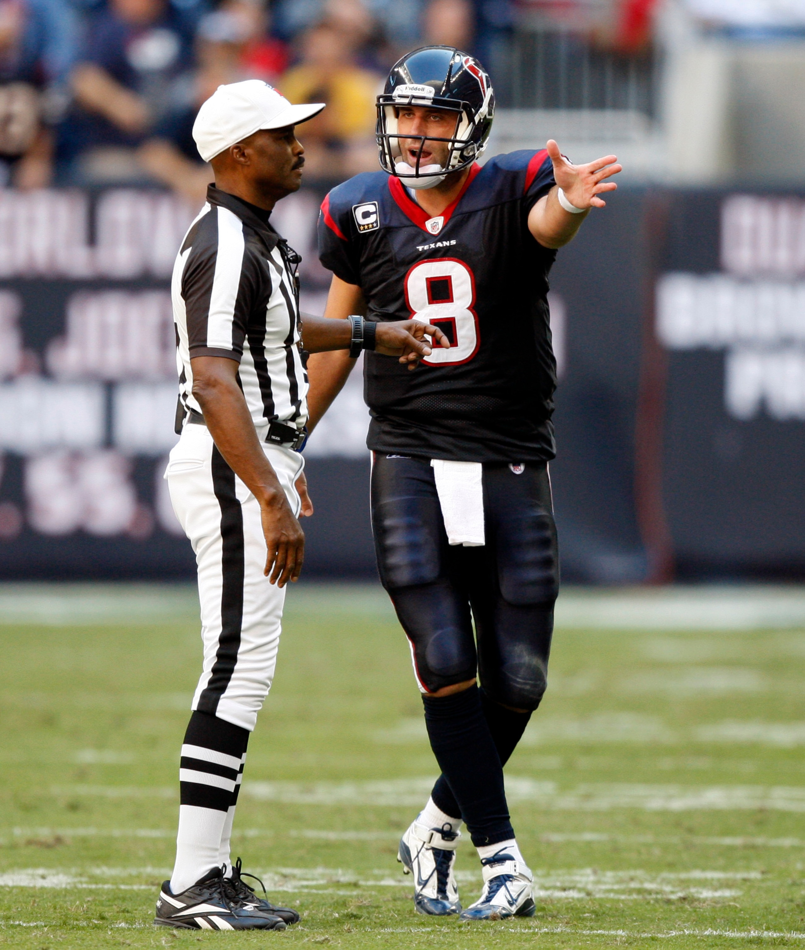 HOUSTON - NOVEMBER 07:  Quarterback Matt Schaub #8 of the Houston Texans argues with referee Mike Carey #64 as he calls intentional grounding on him during a game against the San Diego Chargers at Reliant Stadium on November 7, 2010 in Houston, Texas.  (P