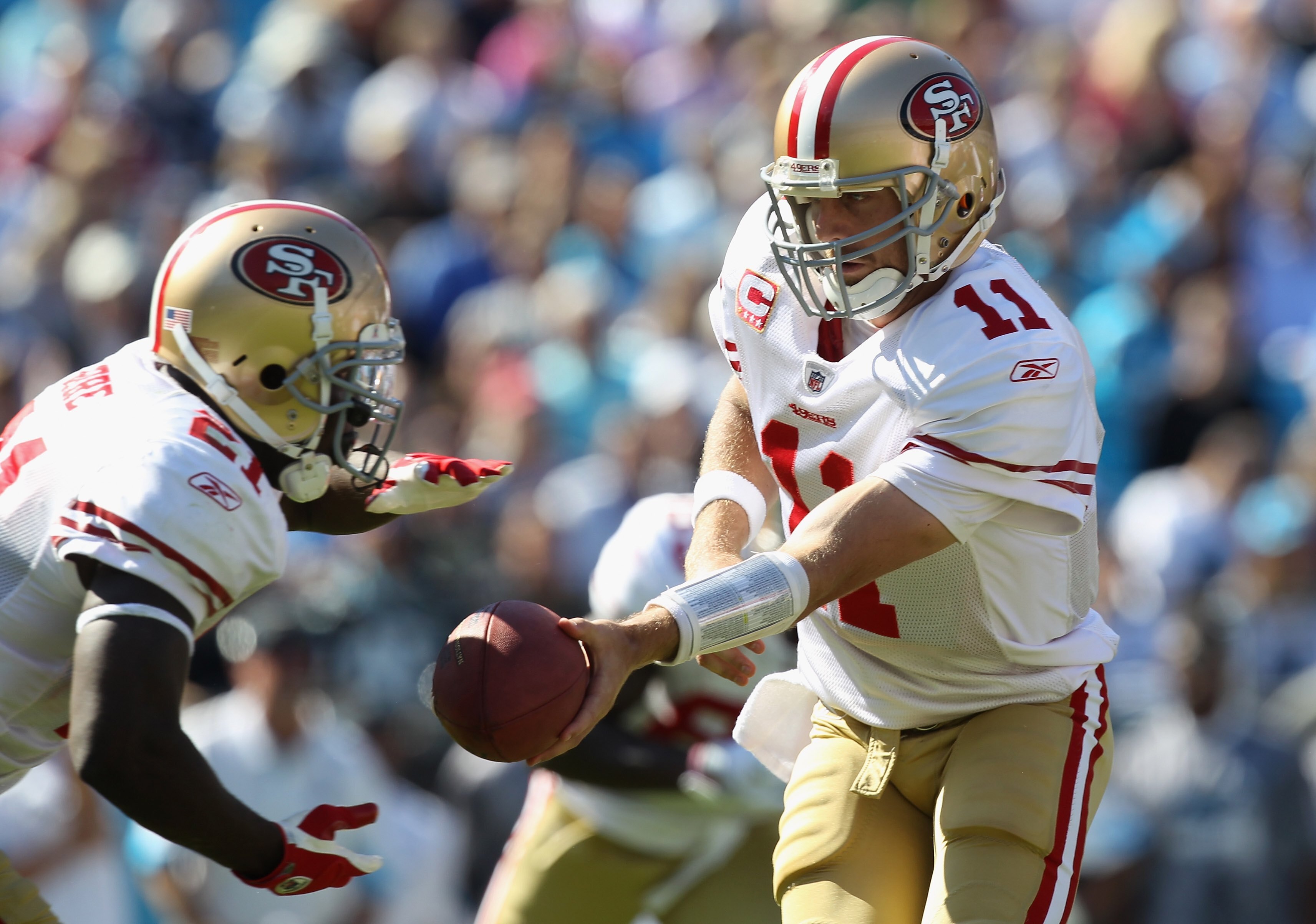 CHARLOTTE, NC - OCTOBER 24:  Alex Smith #11 of the San Francisco 49ers against the Carolina Panthers during their game at Bank of America Stadium on October 24, 2010 in Charlotte, North Carolina.  (Photo by Streeter Lecka/Getty Images)