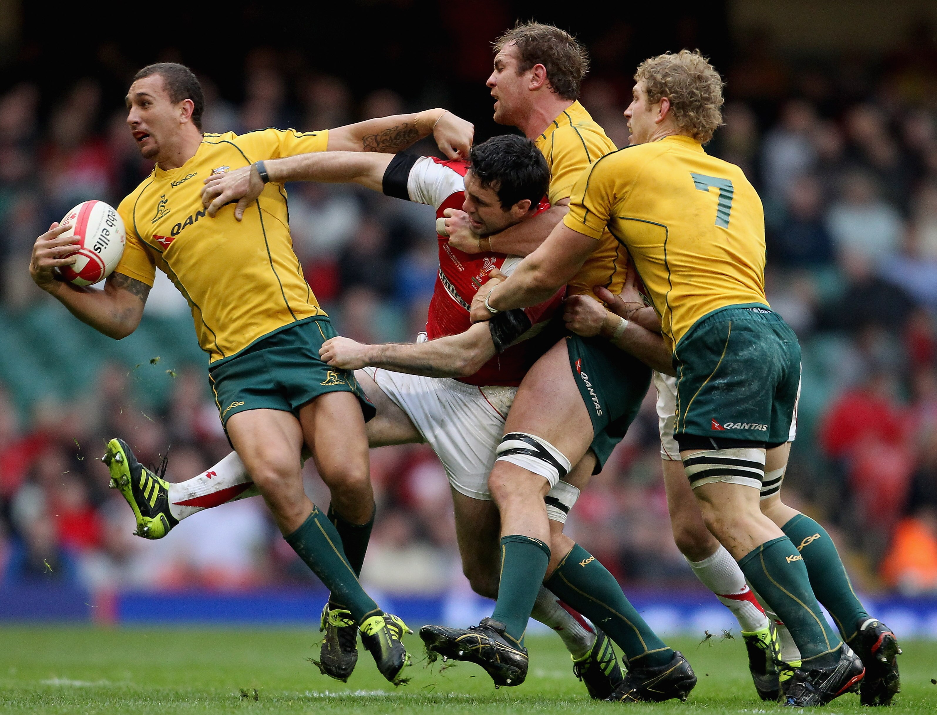CARDIFF, WALES - NOVEMBER 06:  Stephen Jones of Wales (C) loses the ball in the tackle as Quade Cooper of the Wallabies picks up the loose ball during the Test match between Wales and the Australian Wallabies at Millennium Stadium on November 6, 2010 in C