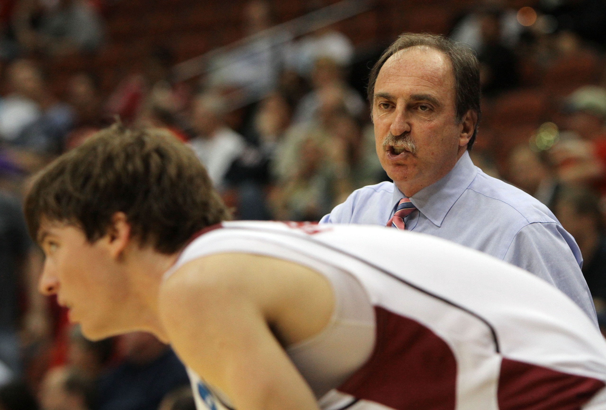 JACKSONVILLE, FL - MARCH 19:  Head coach Fran Dunphy of the Temple Owls talks to Juan Fernandez #4 while taking on the Cornell Big Red during the first round of the 2010 NCAA men's basketball tournament at Jacksonville Veteran's Memorial Arena on March 19