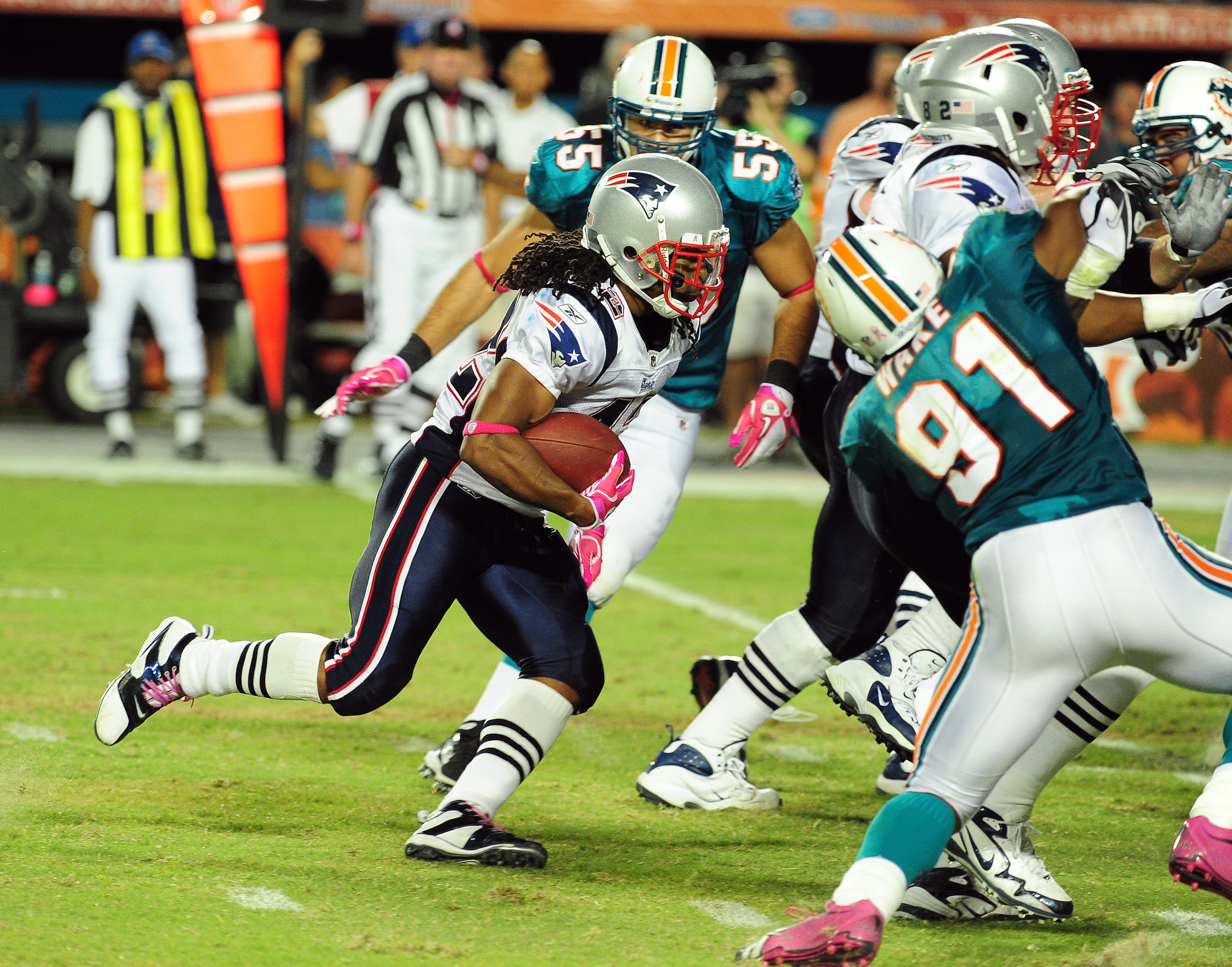 MIAMI - OCTOBER 4: Benjarvis Green-Ellis #42 of the New England Patriots carries the ball against the Miami Dolphins at Sun Life Field on October 4, 2010 in Miami, Florida. (Photo by Scott Cunningham/Getty Images)