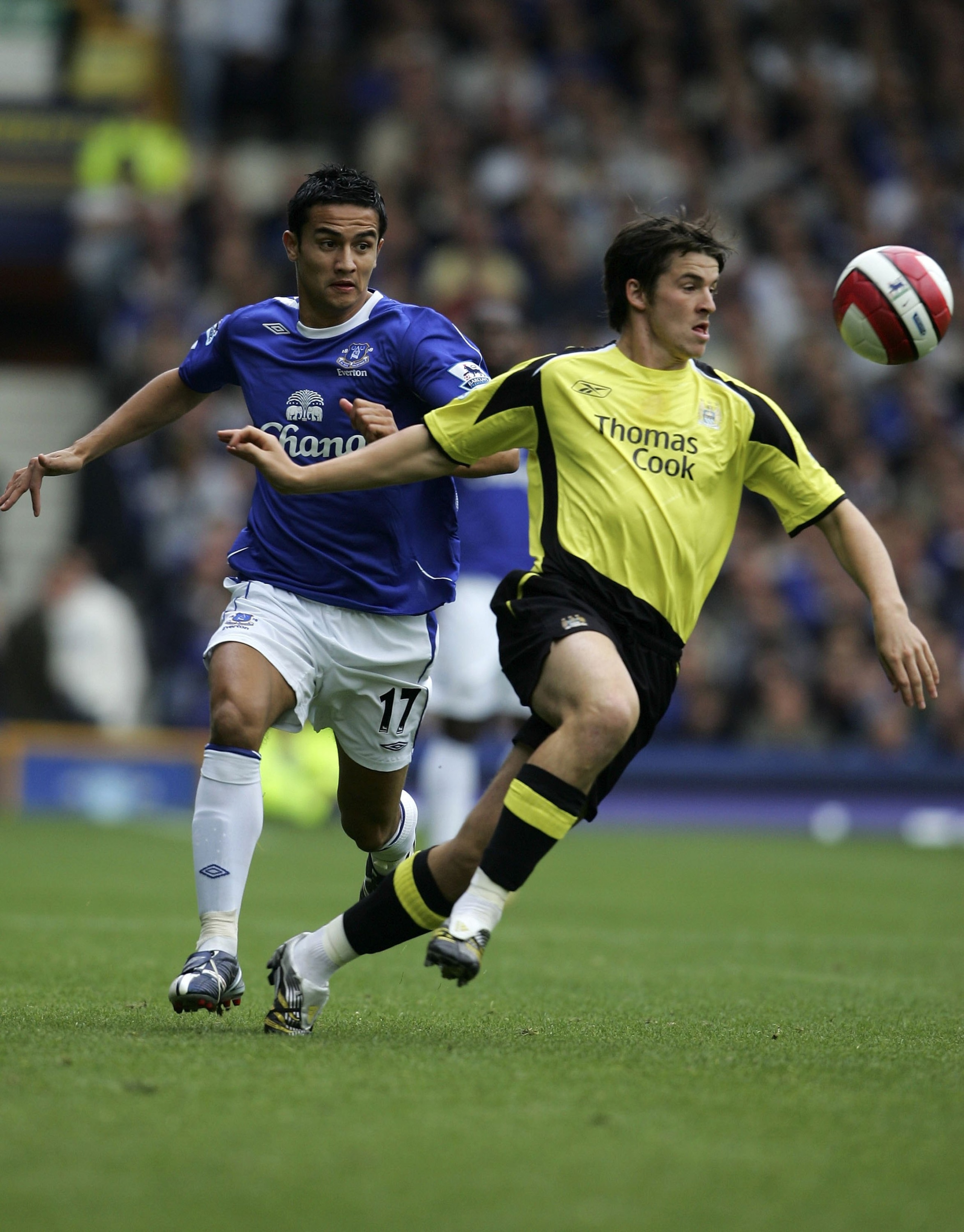 LIVERPOOL, UNITED KINGDOM - SEPTEMBER 30:  Joey Barton of City battles with Tim Cahill of Everton during the Barclays Premiership match between Everton and Manchester City at Goodison Park on September 30, 2006 in Liverpool, England.  (Photo by Jamie McDo
