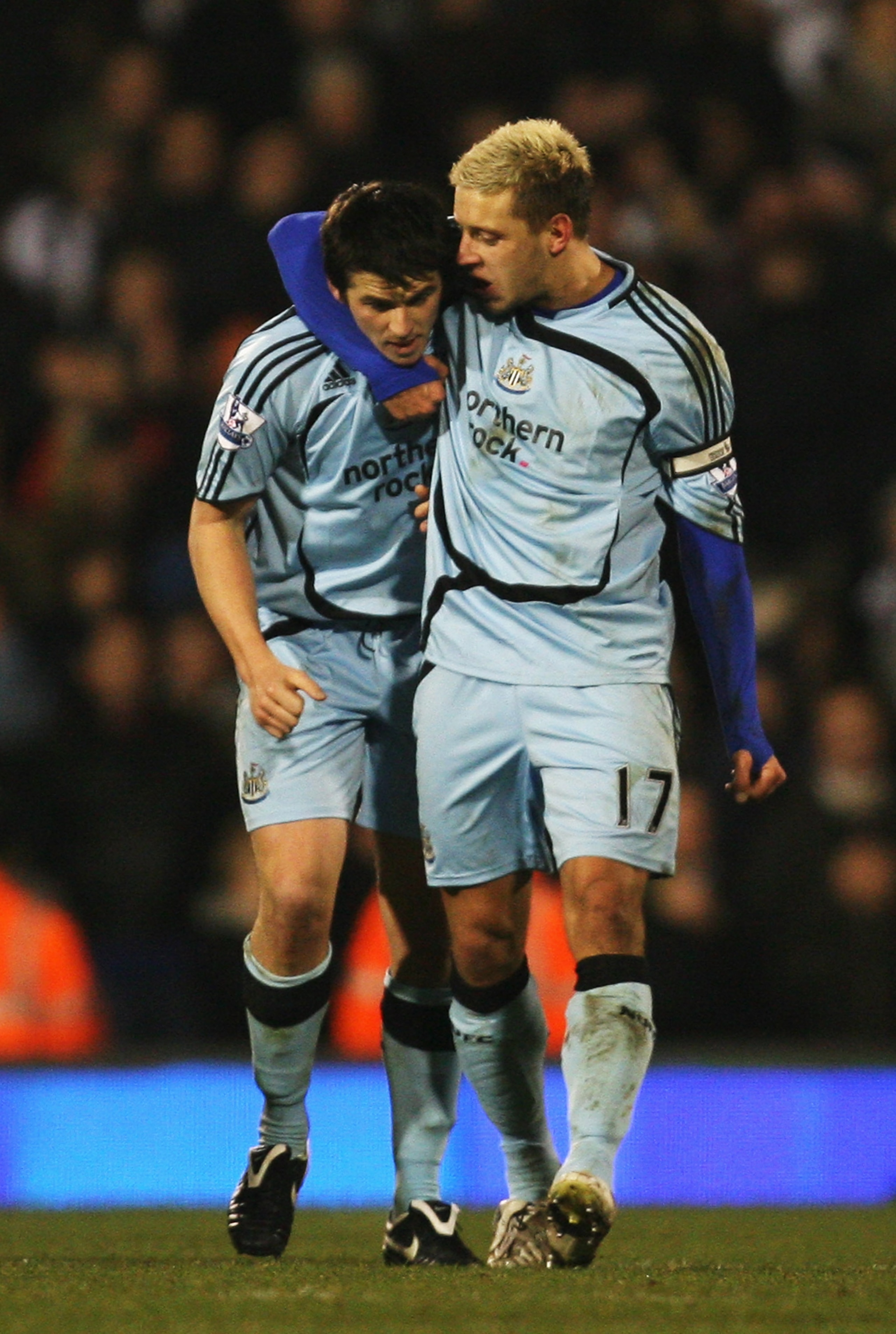 LONDON - DECEMBER 15: Alan Smith (R) of Newcastle United congratulates Joey Barton of Newcastle United after he scored a penalty during the Barclays Premier League match between Fulham and Newcastle United at Craven Cottage on December 15, 2007 in London,