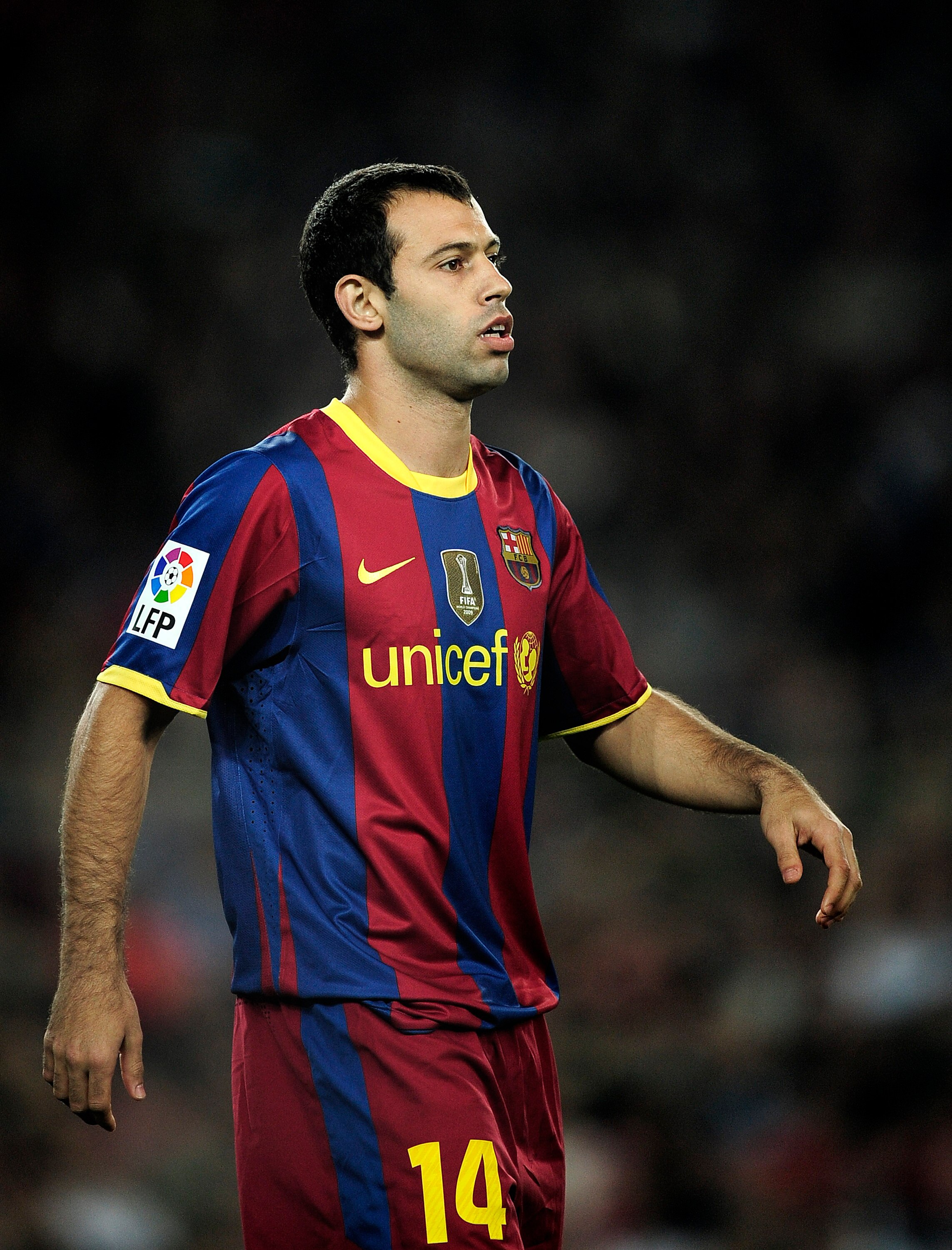 BARCELONA, SPAIN - OCTOBER 16:  Javier Mascherano of Barcelona looks on during the La Liga match between Barcelona and Valencia at the Camp Nou stadium on October 16, 2010 in Barcelona, Spain. Barcelona won the match 2-1.  (Photo by David Ramos/Getty Imag