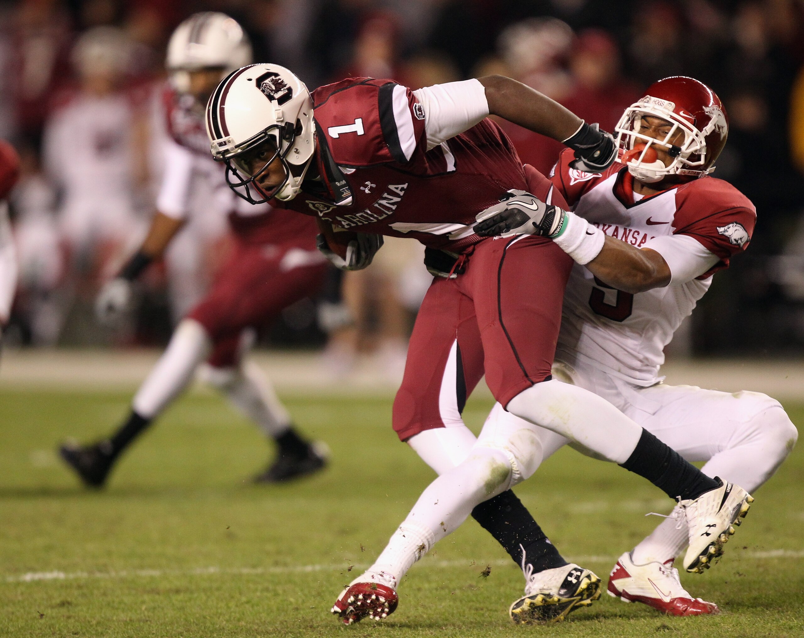 COLUMBIA, SC - NOVEMBER 06: Alshon Jeffery #1 of the South Carolina Gamecocks is tackled by Elton Ford #9 during their game at Williams-Brice Stadium on November 6, 2010 in Columbia, South Carolina. (Photo by Streeter Lecka/Getty Images) COLUMBIA, SC - NOVEMBER 06: Alshon Jeffery #1 of the South Carolina Gamecocks is tackled by Elton Ford #9 during their game at Williams-Brice Stadium on November 6, 2010 in Columbia, South Carolina. (Photo by Streeter Lecka/Getty Images)
