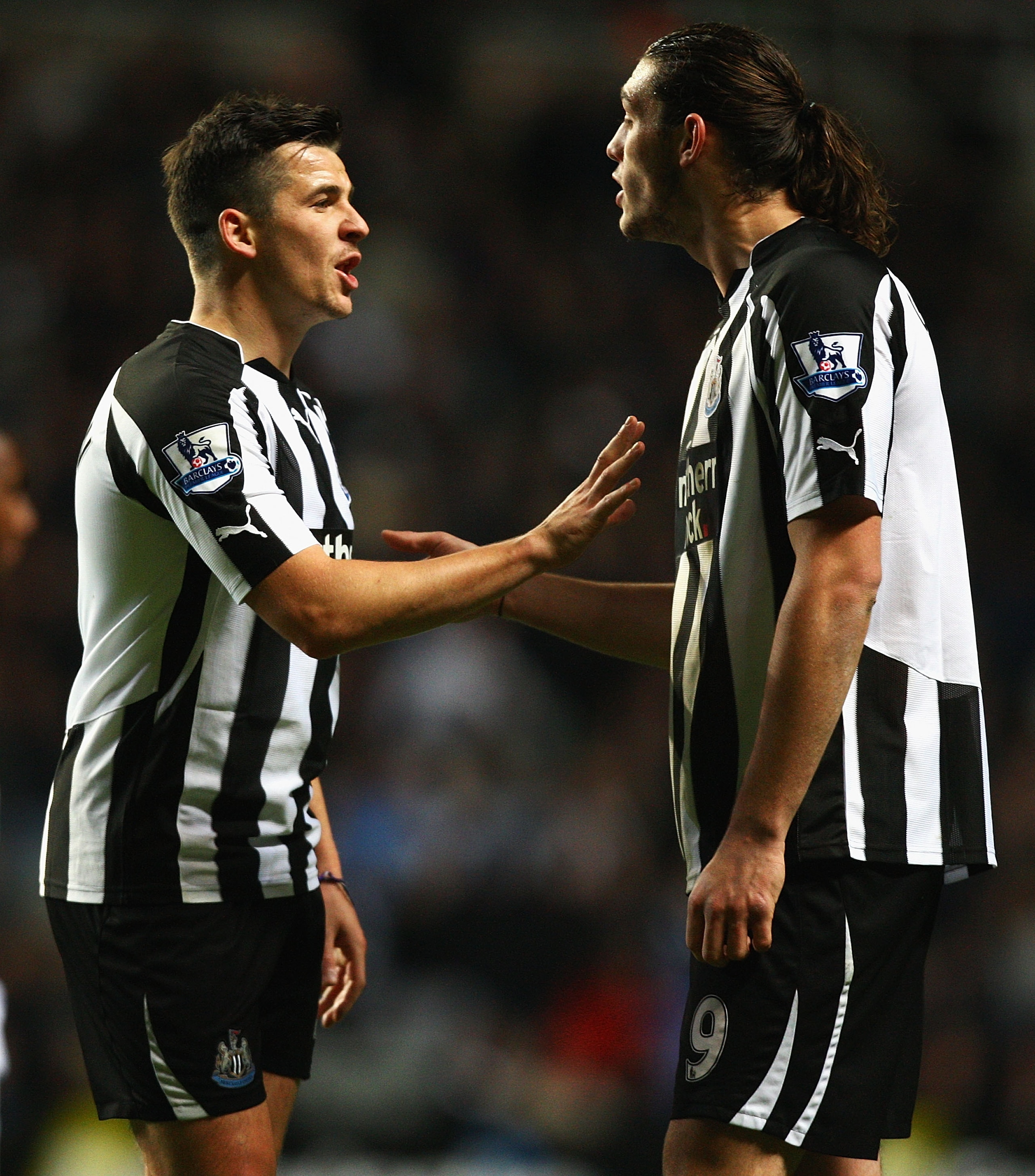NEWCASTLE UPON TYNE, ENGLAND - NOVEMBER 10:  Joey Barton and Andy Caroll of Newcastle talk during the Barclays Premier League match between Newcastle United and Blackburn Rovers at St James' Park on November 10, 2010 in Newcastle upon Tyne, England.  (Pho