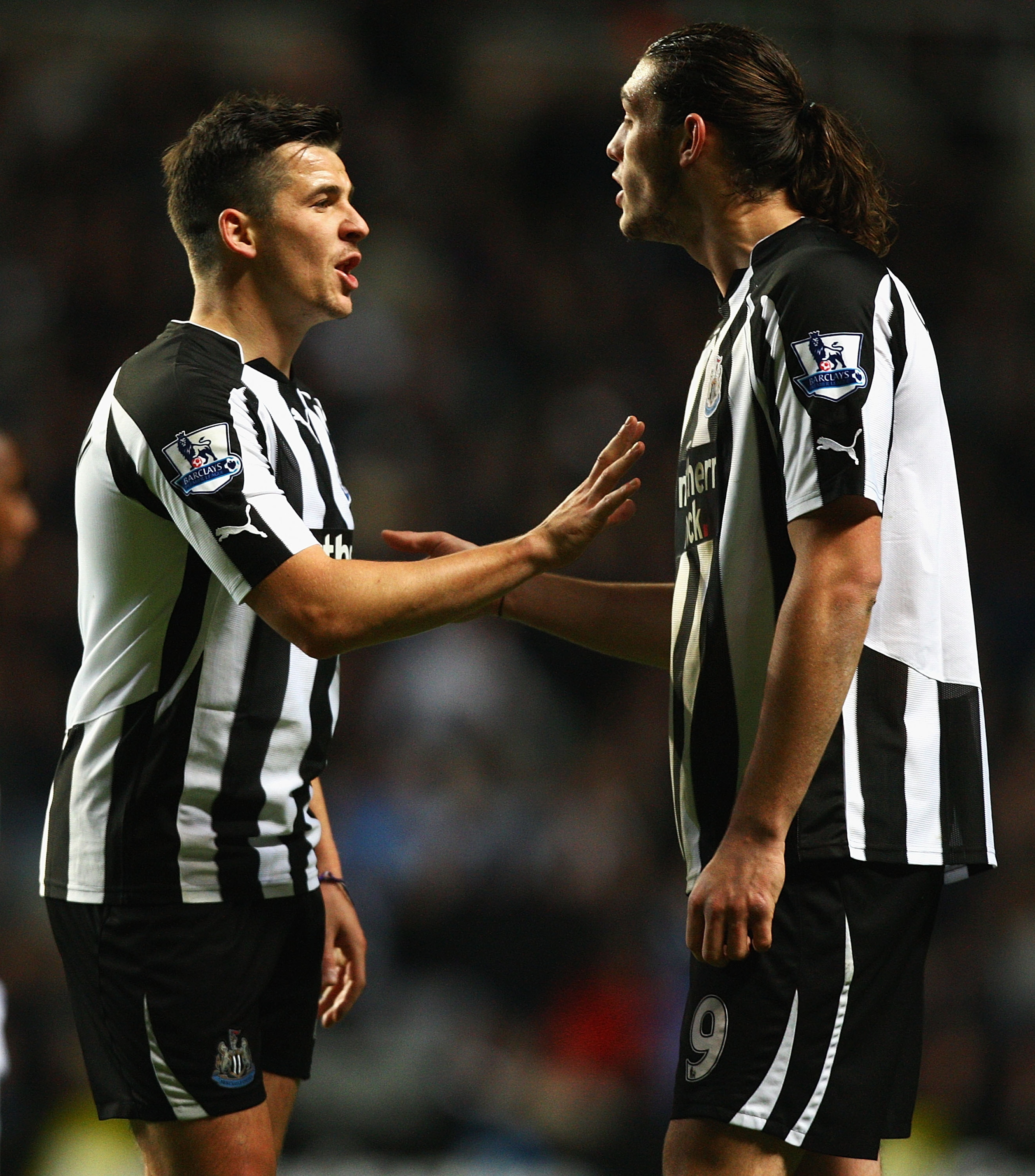 NEWCASTLE UPON TYNE, ENGLAND - NOVEMBER 10:  Joey Barton and Andy Caroll of Newcastle talk during the Barclays Premier League match between Newcastle United and Blackburn Rovers at St James' Park on November 10, 2010 in Newcastle upon Tyne, England.  (Pho
