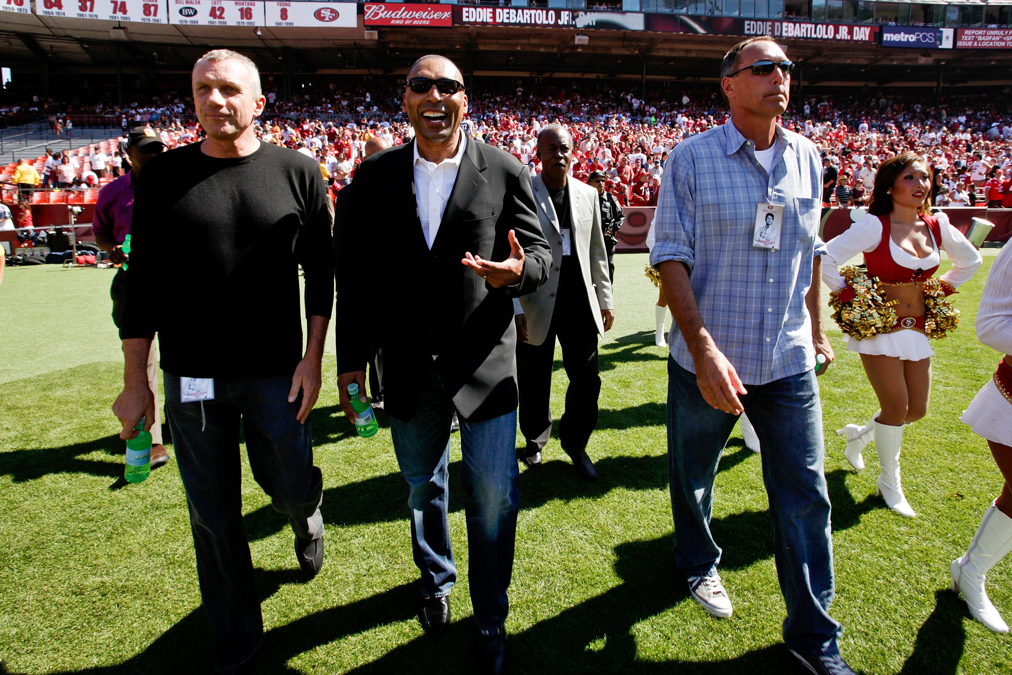 SAN FRANCISCO - SEPTEMBER 20:  (L-R) Former San Francisco 49ers Joe Montana, Roger Craig and Dwight Clark walk onto the field for a half time presentation during home opener as the San Francisco 49ers host the Seattle Seahawks at Candlestick Park Septembe