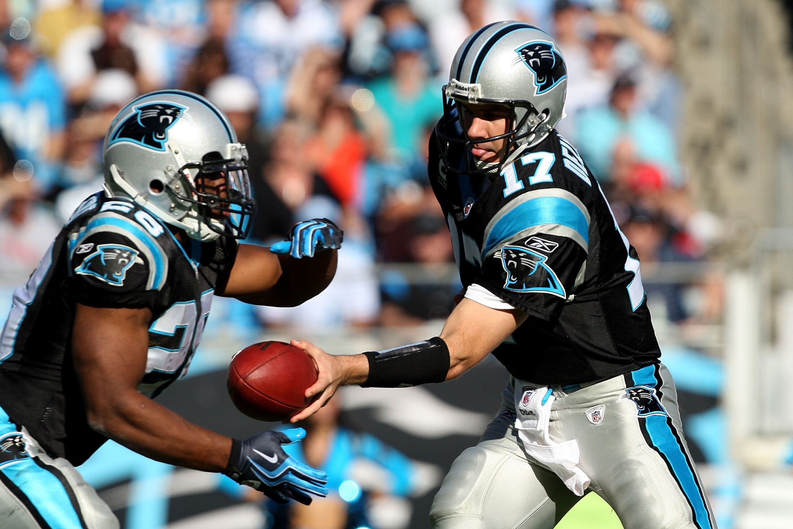 CHARLOTTE, NC - NOVEMBER 15:  Jake Delhomme #17 of the Carolina Panthers hands off the ball to Jonathan Stewart #28 during their game against the Atlanta Falcons at Bank of America Stadium on November 15, 2009 in Charlotte, North Carolina.  (Photo by Stre