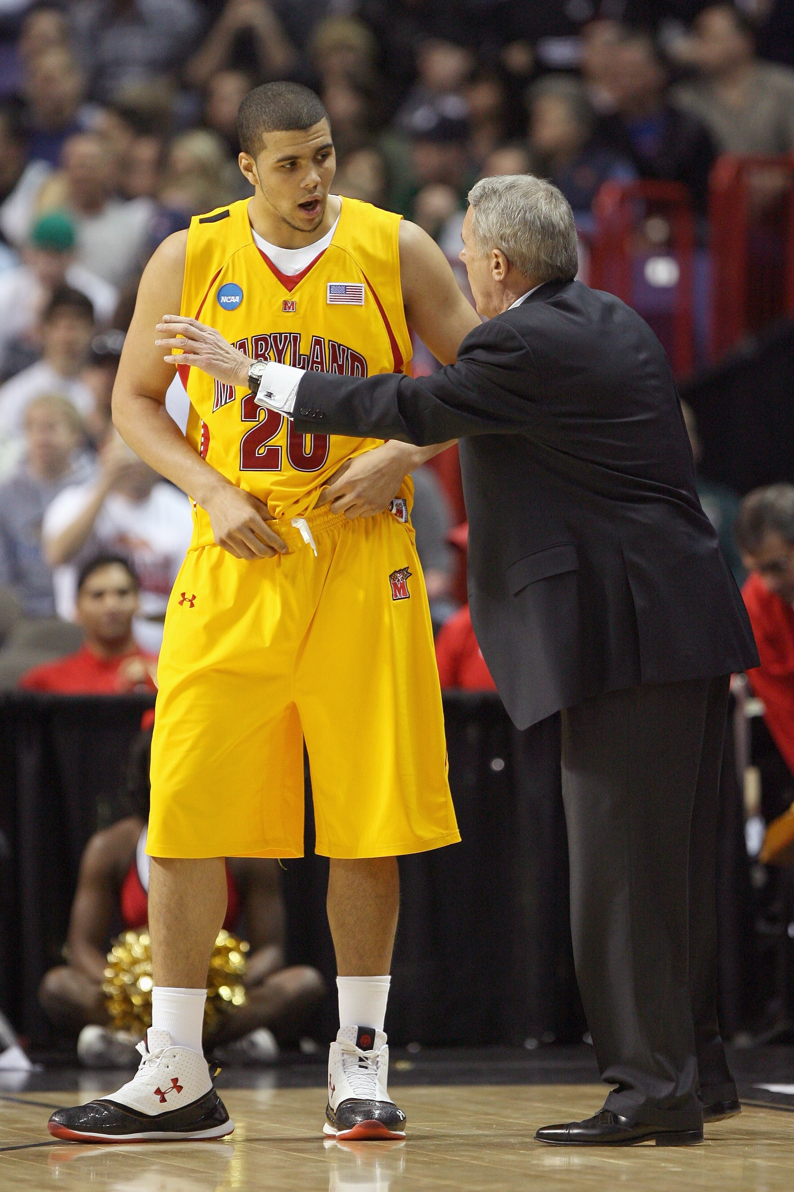SPOKANE, WA - MARCH 21: Jordan Williams #20 of the Maryland Terrapins listens to head coach Gary Williams against the Michigan State Spartans during the second round of the 2010 NCAA men's basketball tournament at the Spokane Arena on March 21, 2010 in Sp SPOKANE, WA - MARCH 21: Jordan Williams #20 of the Maryland Terrapins listens to head coach Gary Williams against the Michigan State Spartans during the second round of the 2010 NCAA men's basketball tournament at the Spokane Arena on March 21, 2010 in Sp
