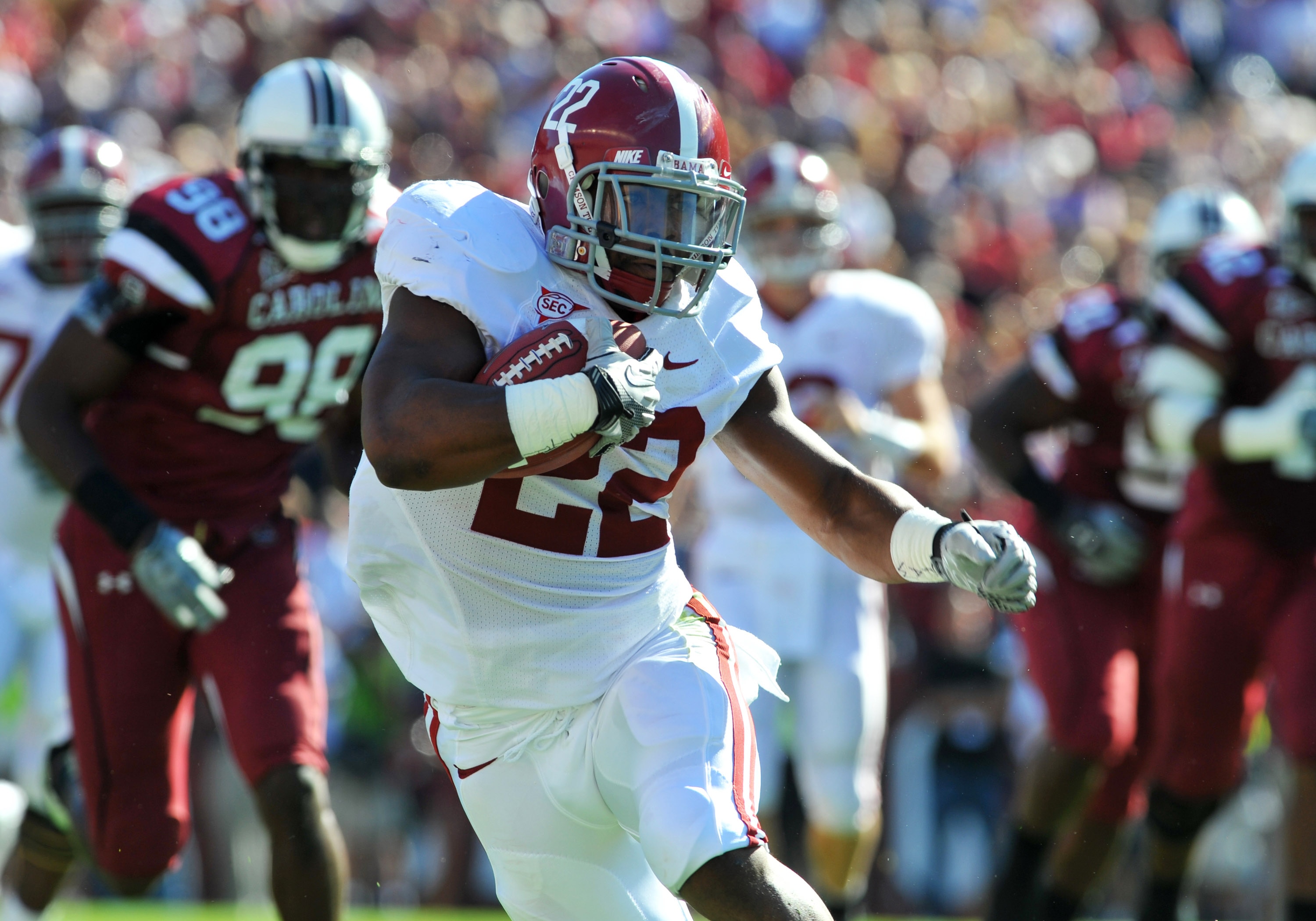COLUMBIA, SC - OCTOBER 9: Running back Mark Ingram #22 of the Alabama Crimson Tide rushes upfield against the South Carolina Gamecocks October 9, 2010 at Williams-Brice Stadium in Columbia, South Carolina.  (Photo by Al Messerschmidt/Getty Images)