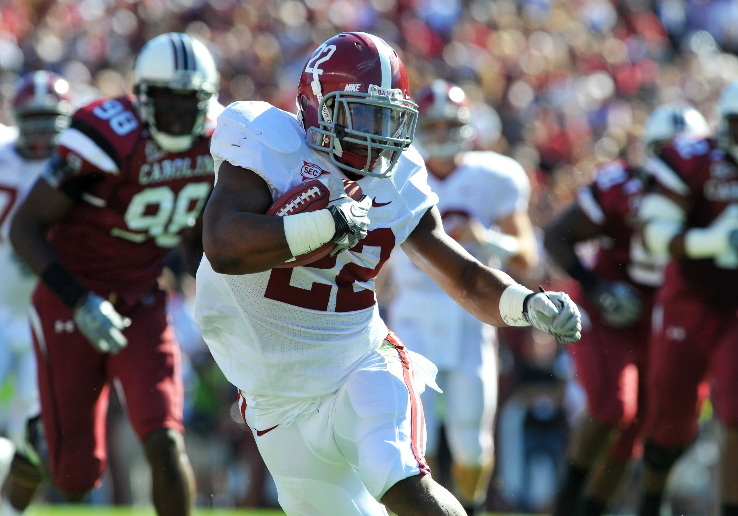 COLUMBIA, SC - OCTOBER 9: Running back Mark Ingram #22 of the Alabama Crimson Tide rushes upfield against the South Carolina Gamecocks October 9, 2010 at Williams-Brice Stadium in Columbia, South Carolina. (Photo by Al Messerschmidt/Getty Images) COLUMBIA, SC - OCTOBER 9: Running back Mark Ingram #22 of the Alabama Crimson Tide rushes upfield against the South Carolina Gamecocks October 9, 2010 at Williams-Brice Stadium in Columbia, South Carolina. (Photo by Al Messerschmidt/Getty Images)