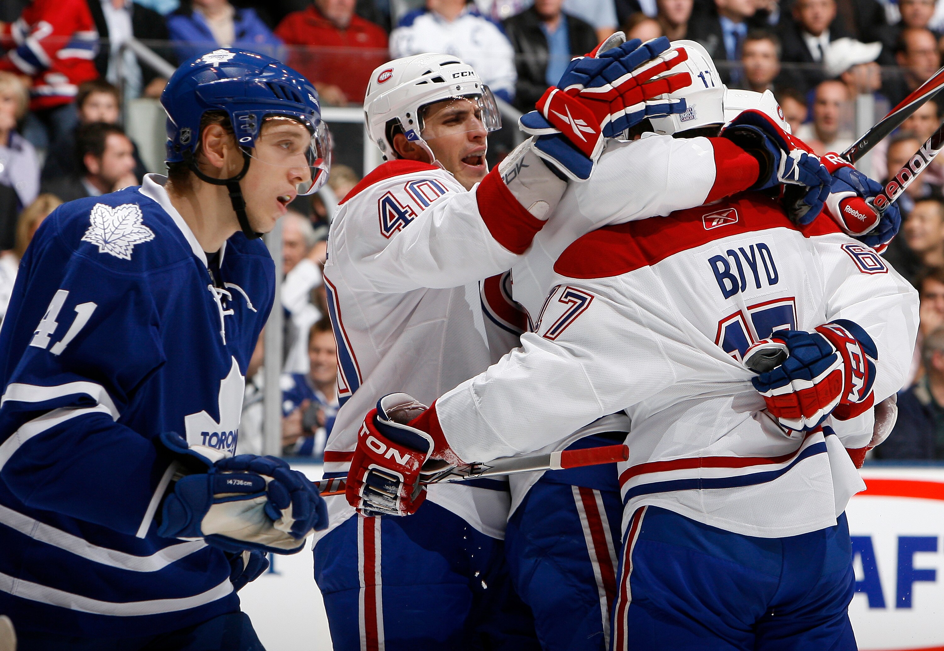 TORONTO - OCTOBER 7:  Montreal Canadiens celebrate goal against  the Toronto Maple Leafs during a regular season NHL game against the Toronto Maple Leafs at the Air Canada Centre October 7, 2010 in Toronto, Ontario, Canada. (Photo by Abelimages/Getty Imag
