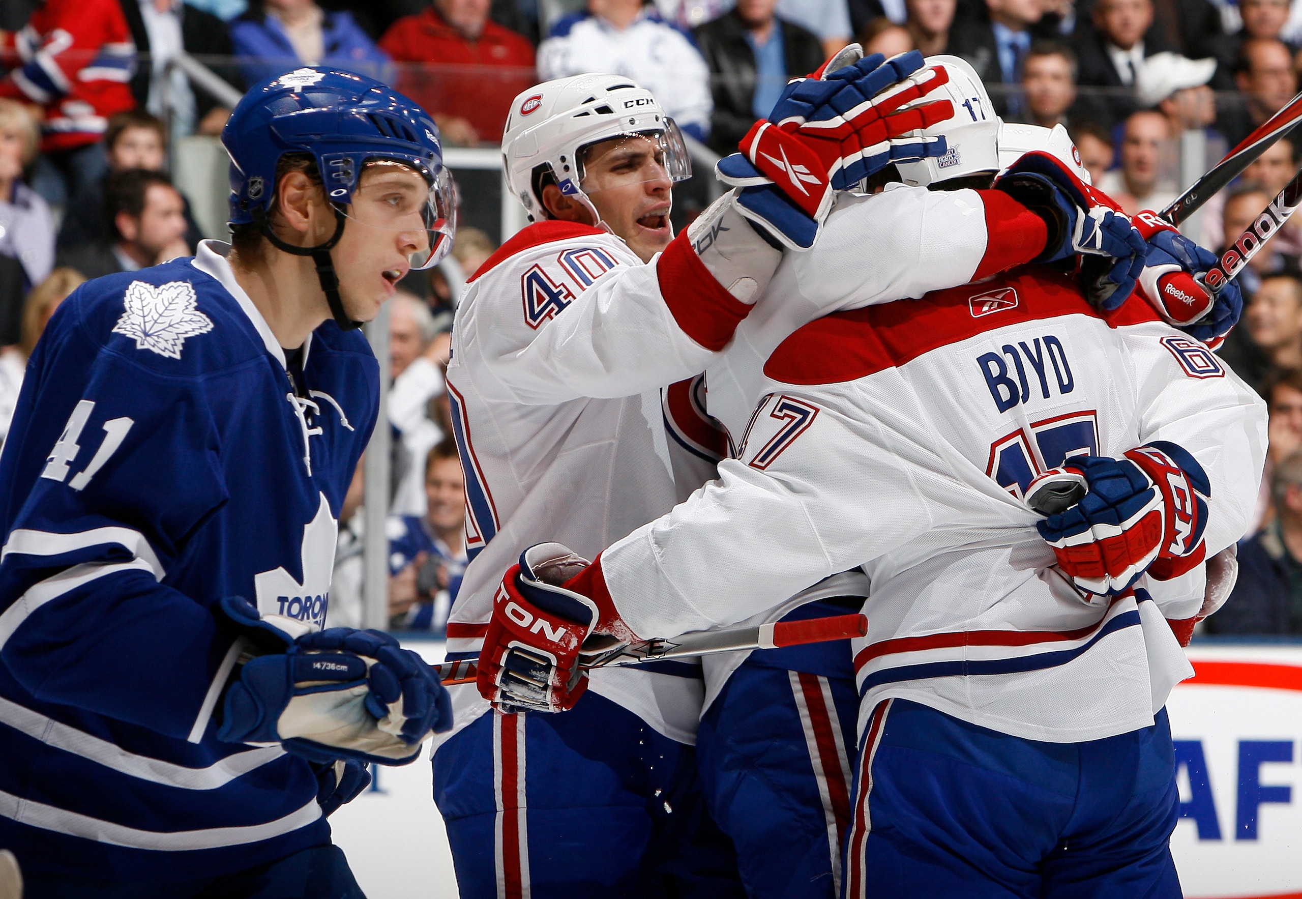 TORONTO - OCTOBER 7:  Montreal Canadiens celebrate goal against  the Toronto Maple Leafs during a regular season NHL game against the Toronto Maple Leafs at the Air Canada Centre October 7, 2010 in Toronto, Ontario, Canada. (Photo by Abelimages/Getty Imag