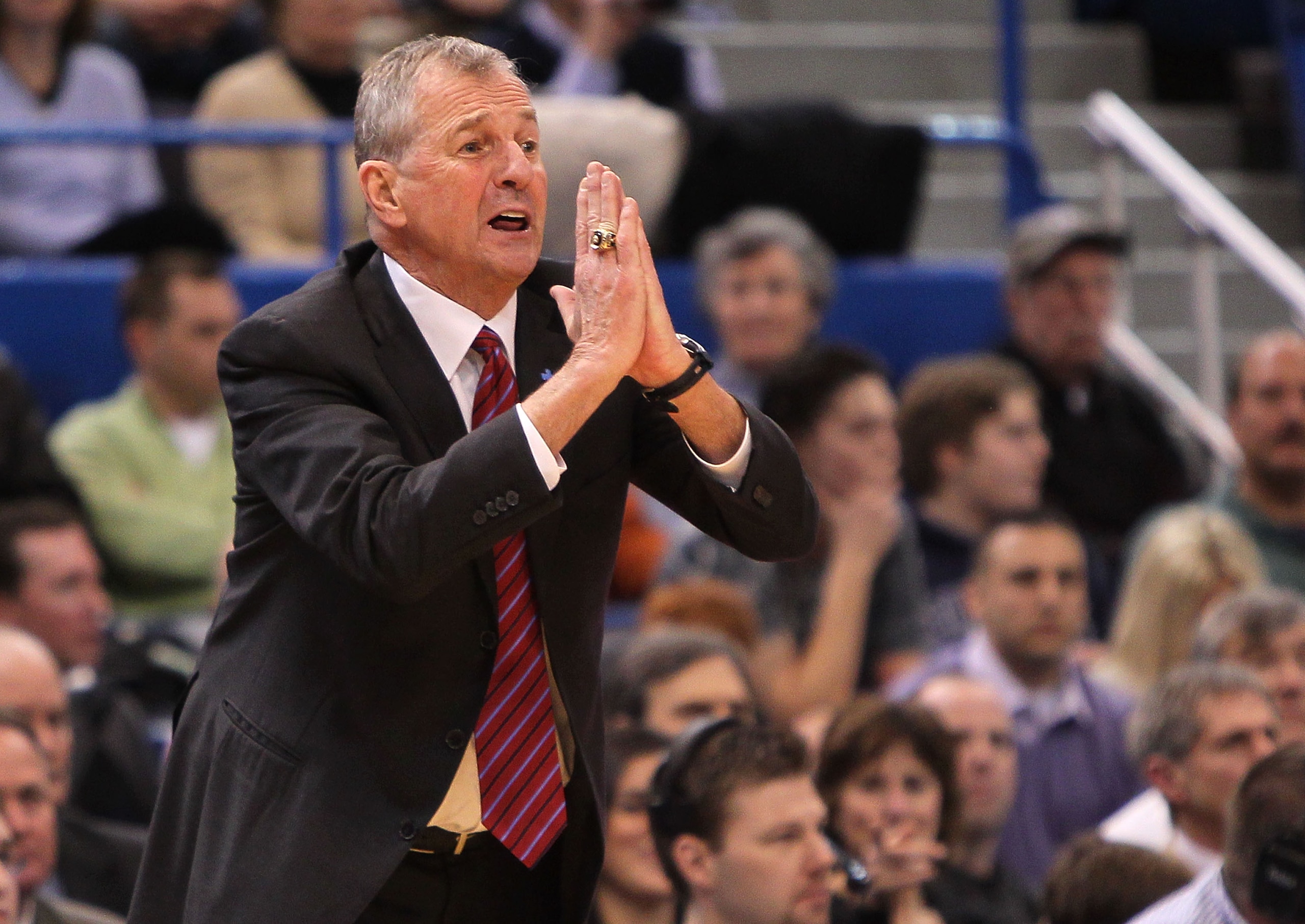 HARTFORD, CT - FEBRUARY 13: Coach Jim Calhoun of the Connecticut Huskies reacts during a game against the Cincinnati Bearcats at the XL Center on February 13, 2010 in Hartford, Connecticut. (Photo by Jim Rogash/Getty Images) HARTFORD, CT - FEBRUARY 13: Coach Jim Calhoun of the Connecticut Huskies reacts during a game against the Cincinnati Bearcats at the XL Center on February 13, 2010 in Hartford, Connecticut. (Photo by Jim Rogash/Getty Images)