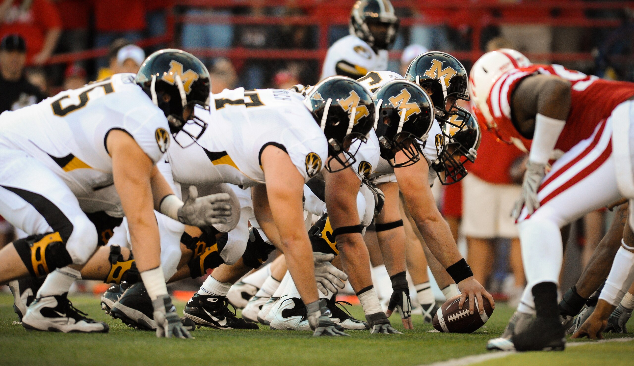 LINCOLN, NE - OCTOBER 30: The Missouri Tigers line up along the goal line against the Nebraska Cornhuskers during second half action of their game at Memorial Stadium on October 30, 2010 in Lincoln, Nebraska. Nebraska Defeated Missouri 31-17. (Photo by Er