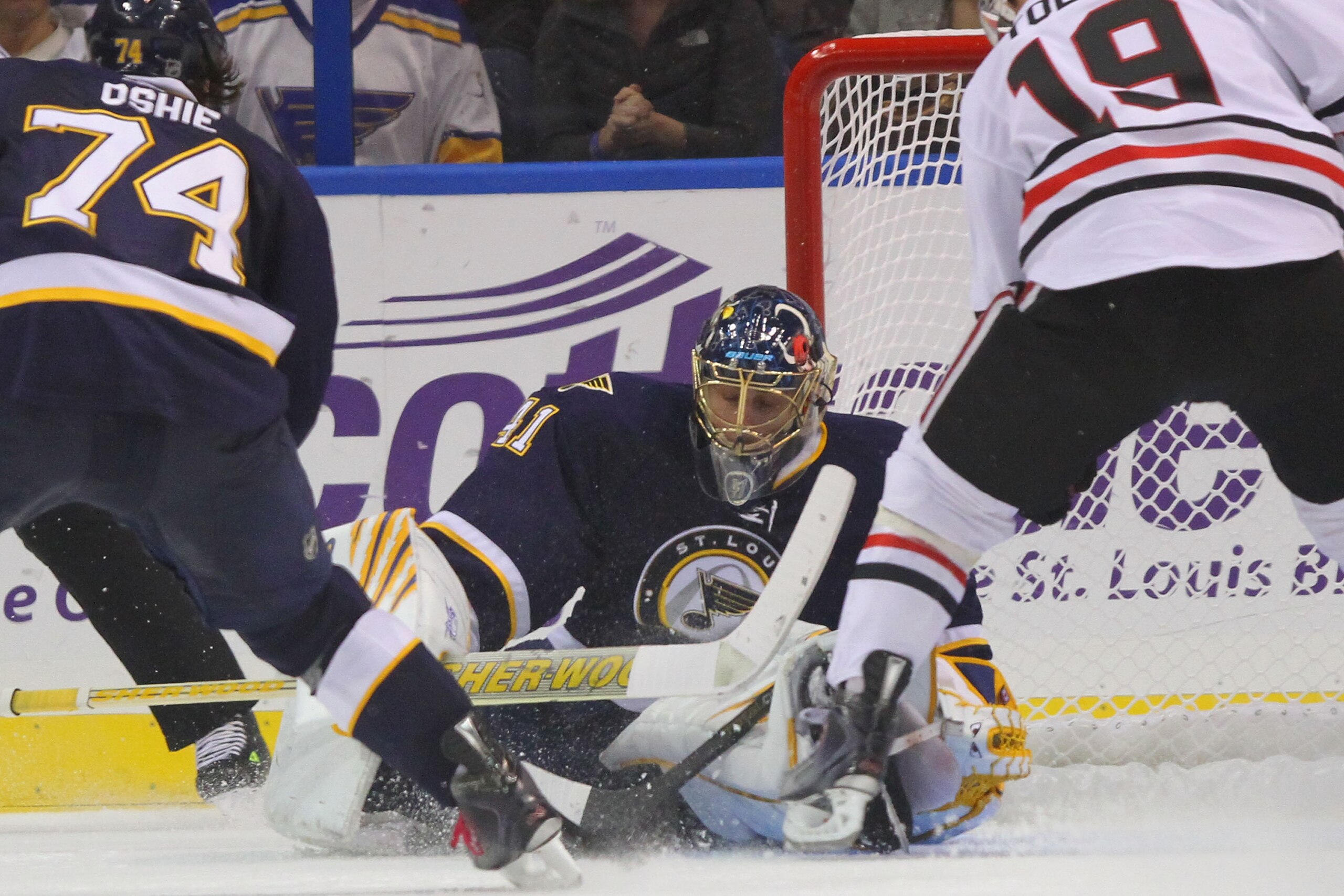 ST. LOUIS - OCTOBER 22: Jaroslav Halak #41 of the St. Louis Blues makes a save against the Chicago Blackhawks at the Scottrade Center on October 22, 2010 in St. Louis, Missouri.  The Blues beat the Blackhawks 4-2.  (Photo by Dilip Vishwanat/Getty Images)