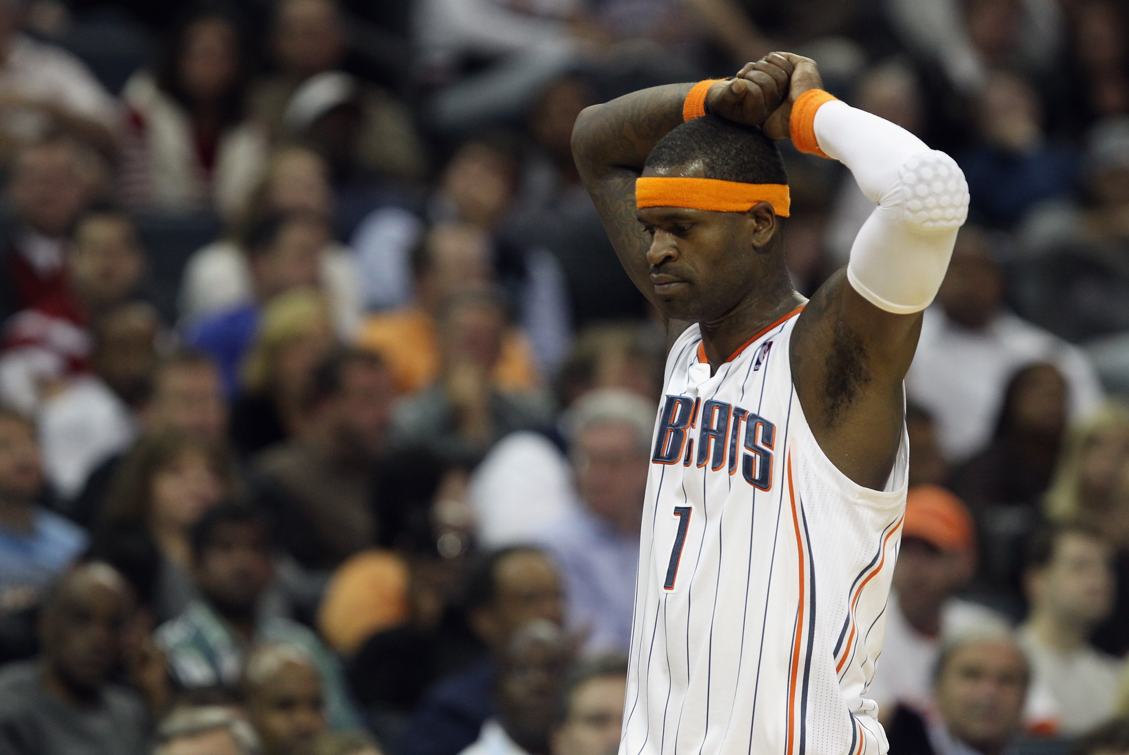 CHARLOTTE, NC - NOVEMBER 08:  Stephen Jackson #1 of the Charlotte Bobcats reacts as he walks off the floor as the Bobcats fall to the San Antonio Spurs 95-91 at Time Warner Cable Arena on November 8, 2010 in Charlotte, North Carolina.  NOTE TO USER: User 