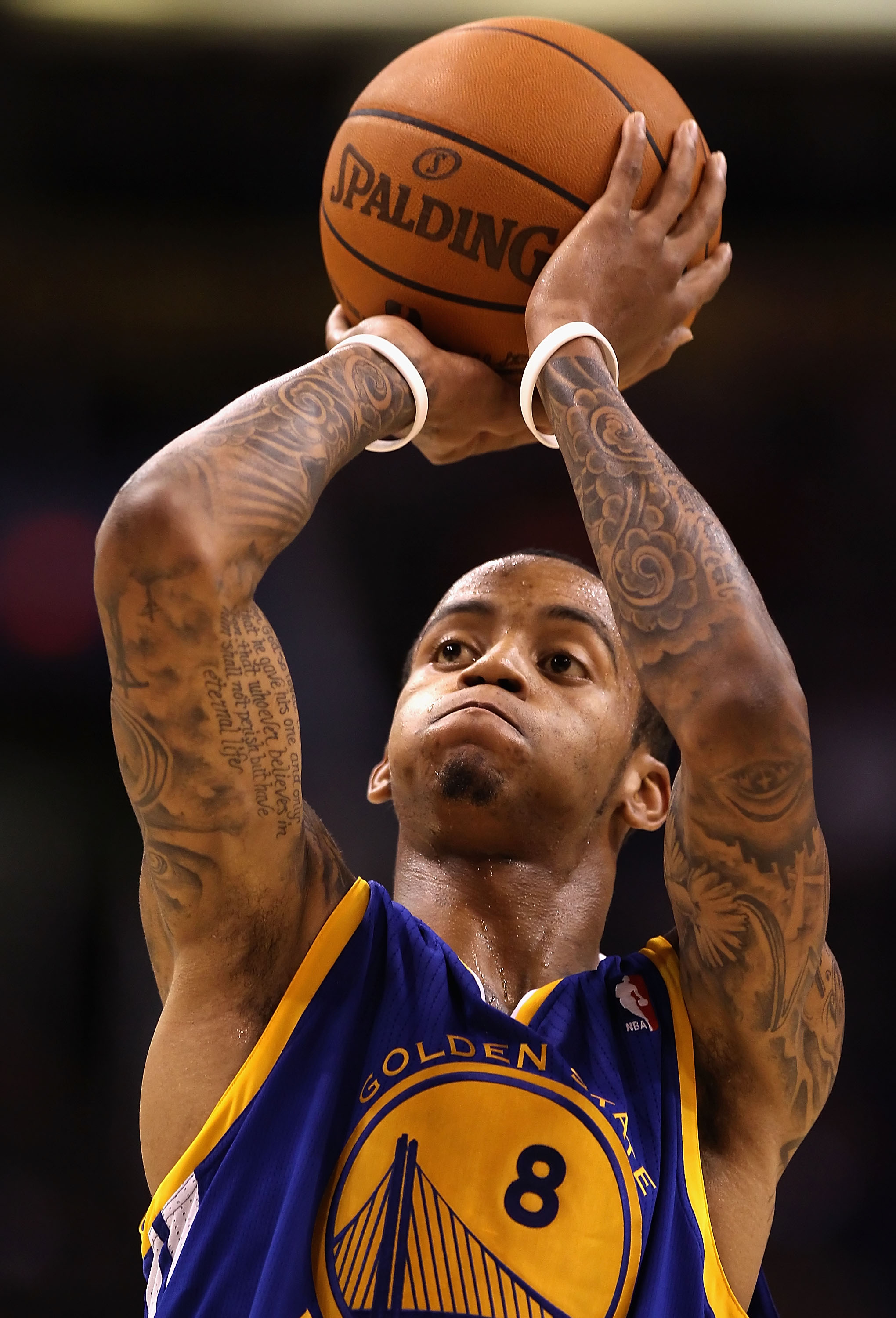 PHOENIX - OCTOBER 19:  Monta Ellis #8 of the Golden State Warriors shoots a free throw shot against the Phoenix Suns during the preseason NBA game at US Airways Center on October 19, 2010 in Phoenix, Arizona. NOTE TO USER: User expressly acknowledges and 