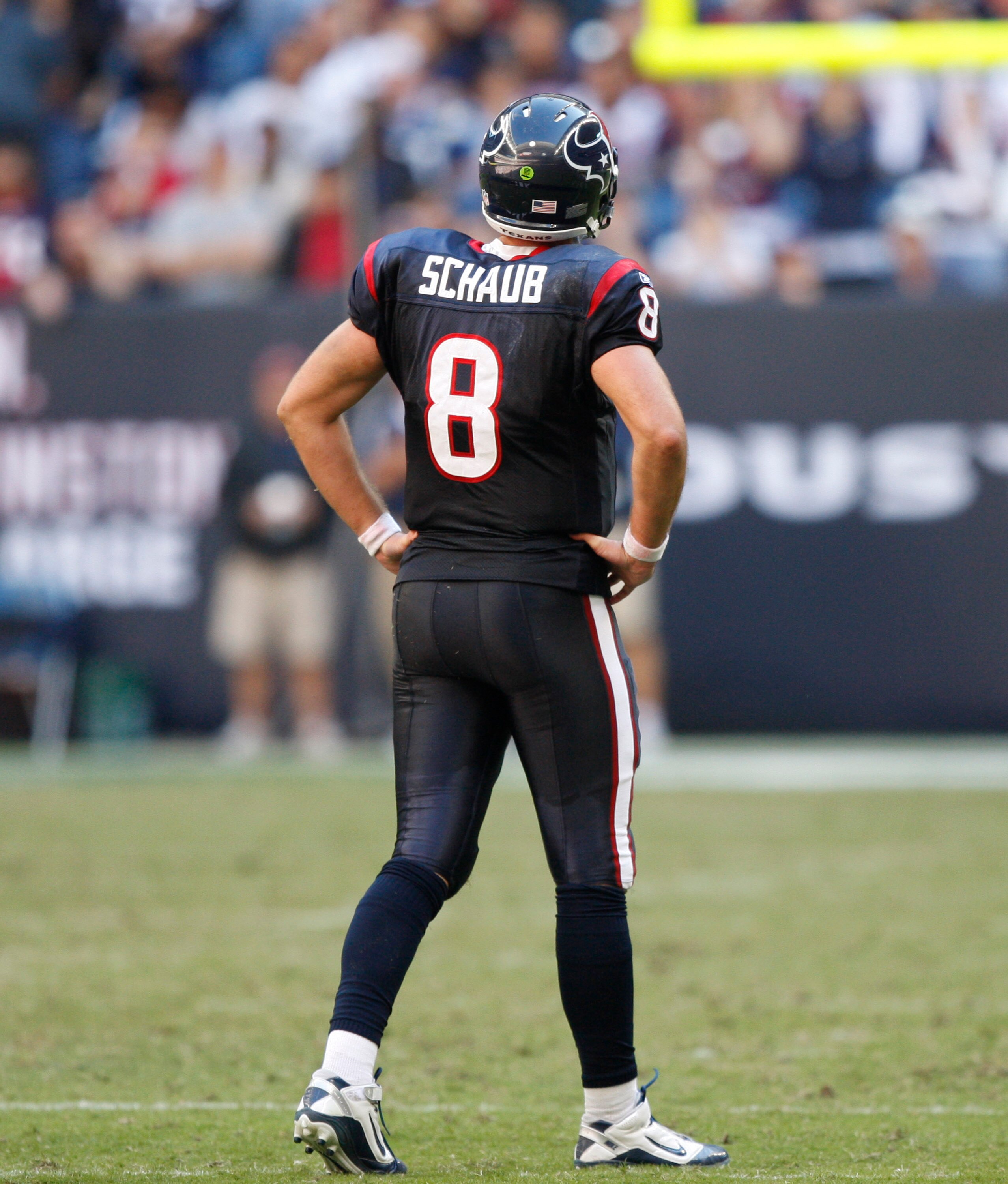 HOUSTON - NOVEMBER 07:  Quarterback Matt Schaub walks off the field after throwing an interception to San Diego Charger Paul Oliver at Reliant Stadium on November 7, 2010 in Houston, Texas.  (Photo by Bob Levey/Getty Images)