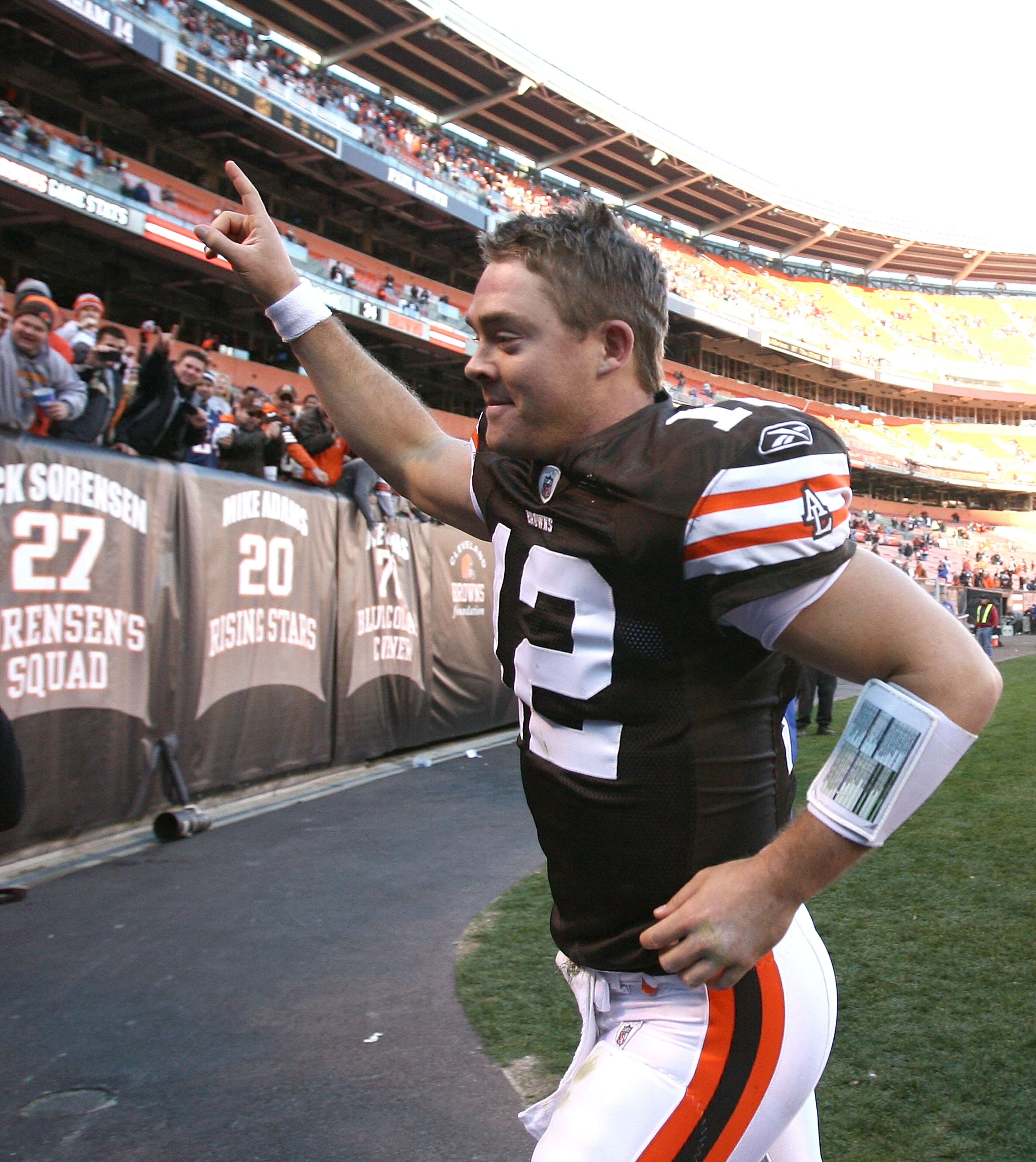 CLEVELAND - NOVEMBER 07:  Quarterback Colt McCoy #12 of the Cleveland Browns leaves the field after their victory over the New England Patriots at Cleveland Browns Stadium on November 7, 2010 in Cleveland, Ohio.  (Photo by Matt Sullivan/Getty Images)