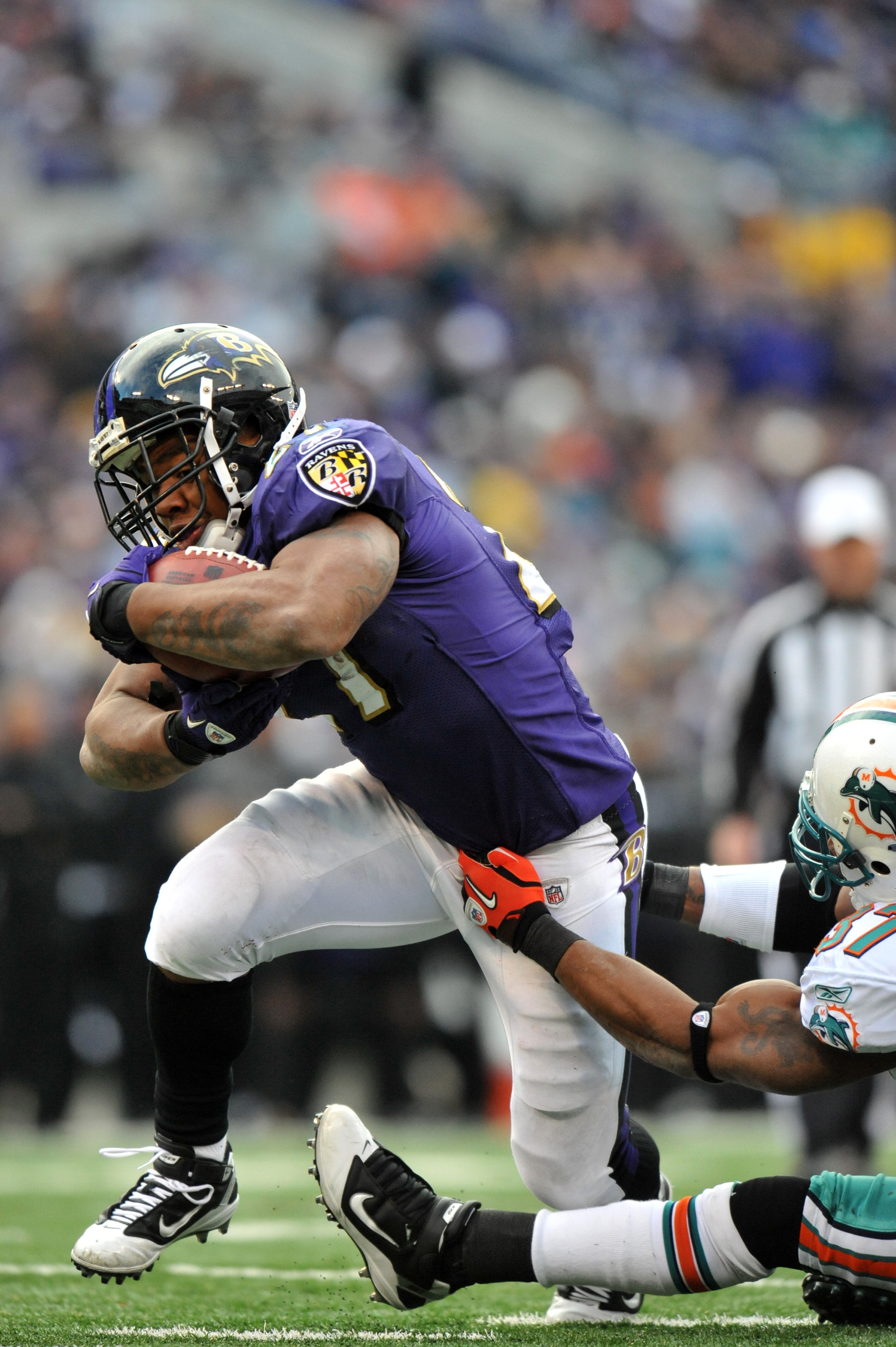 BALTIMORE, MD - NOVEMBER 7:  Ray Rice #27 of the Baltimore Ravens runs the ball against the Miami Dolphins at M&T Bank Stadium on November 7, 2010 in Baltimore, Maryland. The Ravens defeated the Dolphins 26-10. (Photo by Larry French/Getty Images)