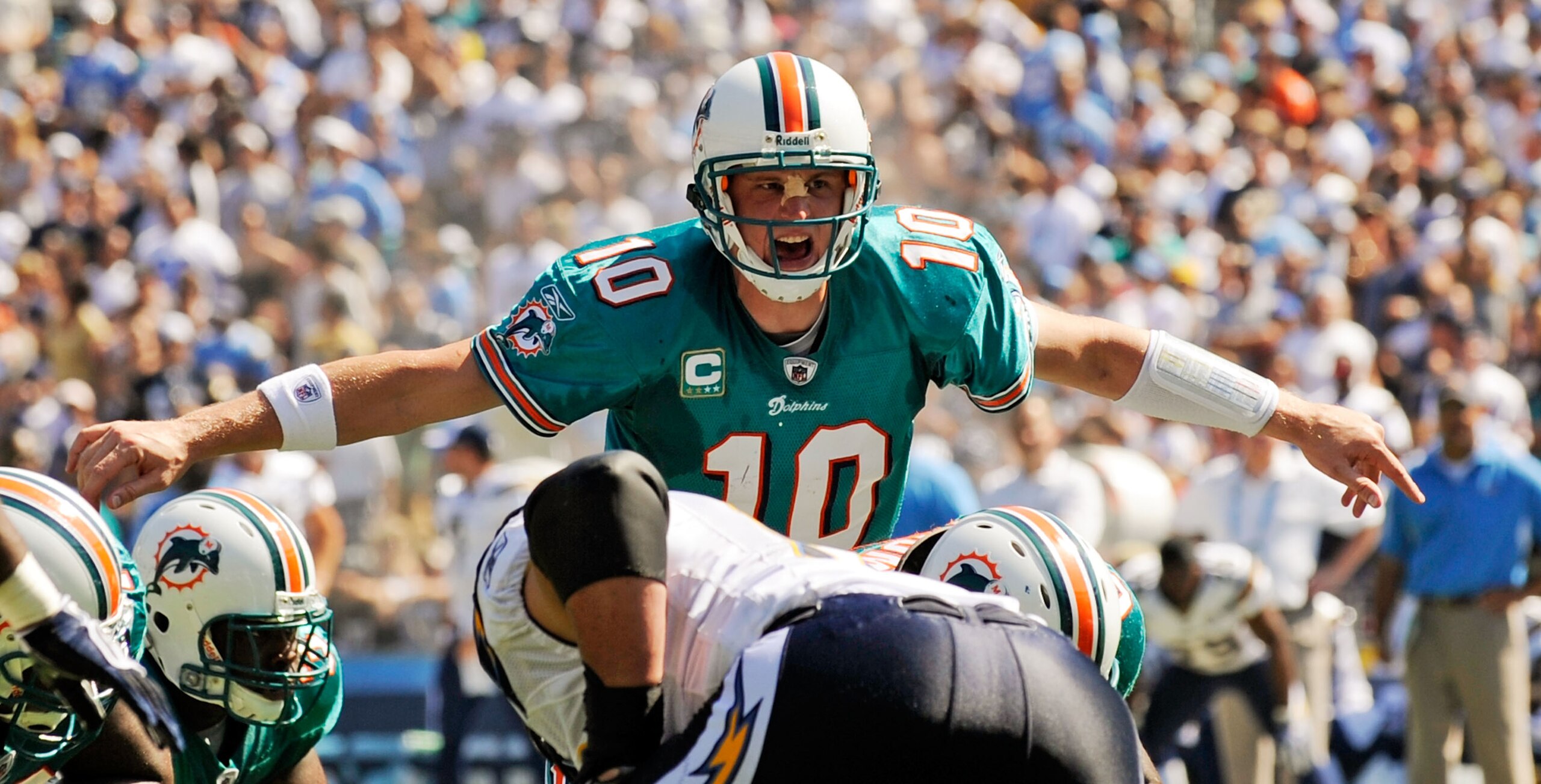 SAN DIEGO - SEPTEMBER 27:  Chad Pennington #10, quarterback of the Miami Dolphins, is seen with  band aid on the bridge of his nose as he calls a play against San Diego Chargers during first quarter of the NFL football game at Qualcomm Stadium on Septembe