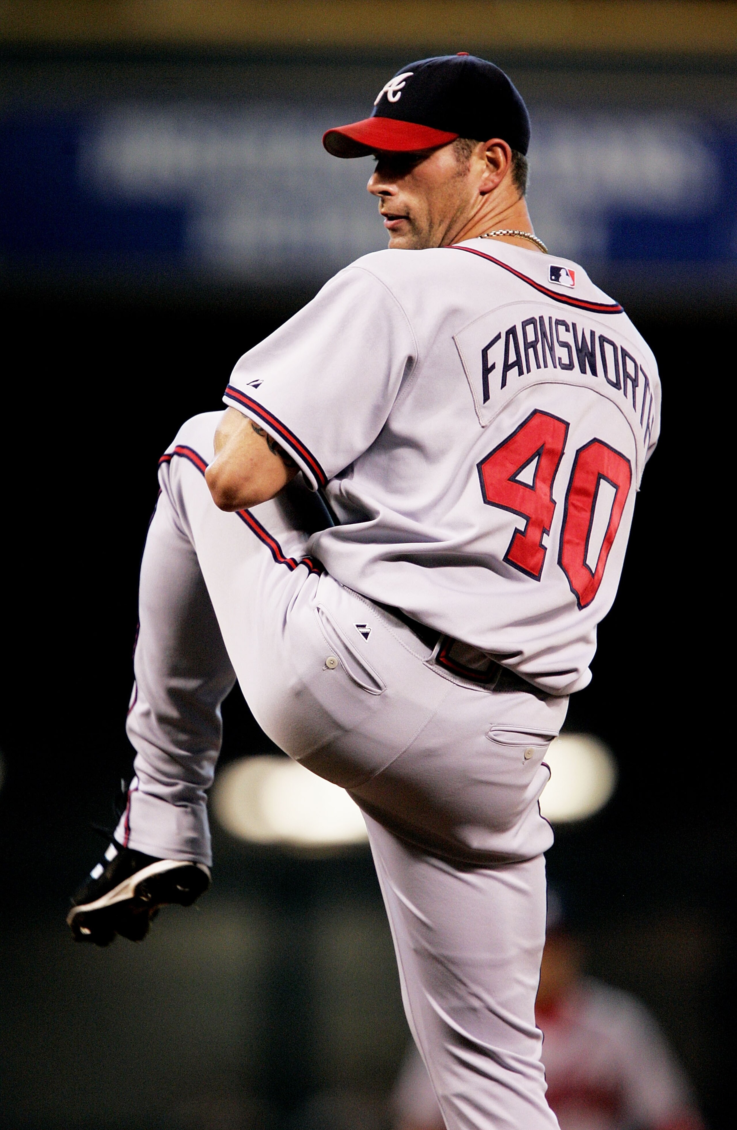 HOUSTON - OCTOBER 09:  Kyle Farnsworth #40 of the Atlanta Braves pitches against the Houston Astros in Game Four of the 2005 National League Division Series on October 9, 2005 at Minute Maid Park in Houston, Texas.  The Astros eliminated the Braves three