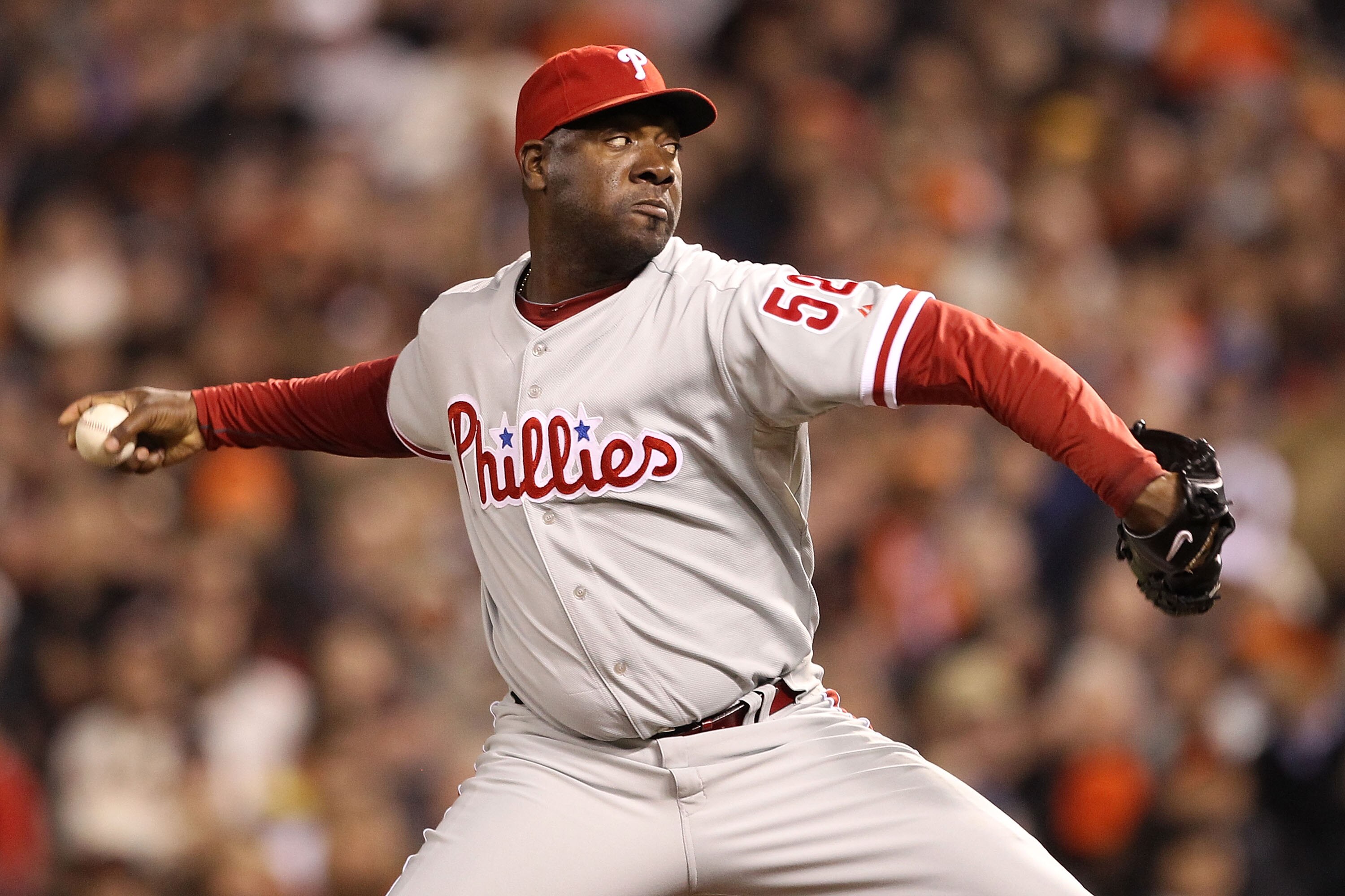 SAN FRANCISCO - OCTOBER 21:  Jose Contreras #52 of the Philadelphia Phillies throws a pitch against the San Francisco Giants in the seventh inning of Game Five of the NLCS during the 2010 MLB Playoffs at AT&T Park on October 21, 2010 in San Francisco, Cal
