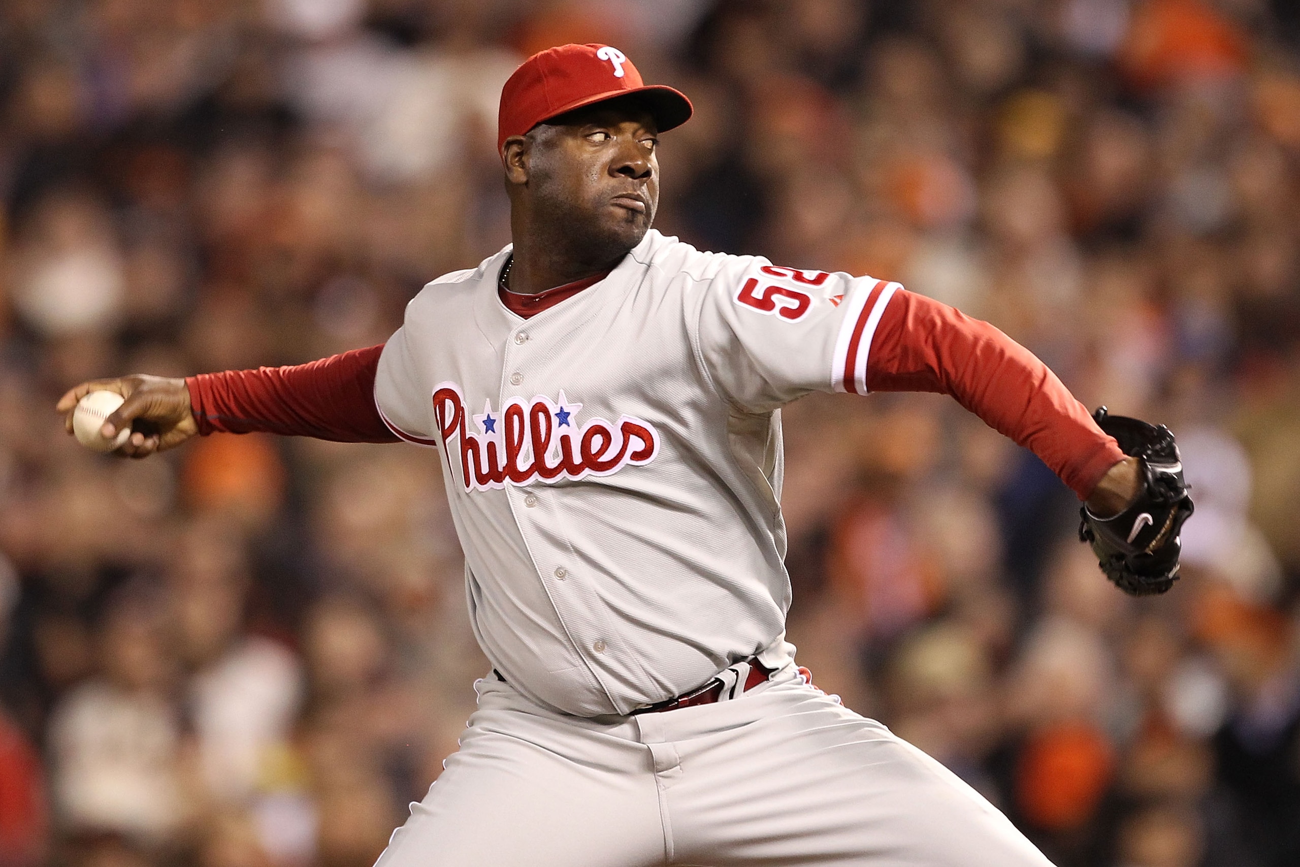 SAN FRANCISCO - OCTOBER 21:  Jose Contreras #52 of the Philadelphia Phillies throws a pitch against the San Francisco Giants in the seventh inning of Game Five of the NLCS during the 2010 MLB Playoffs at AT&T Park on October 21, 2010 in San Francisco, Cal
