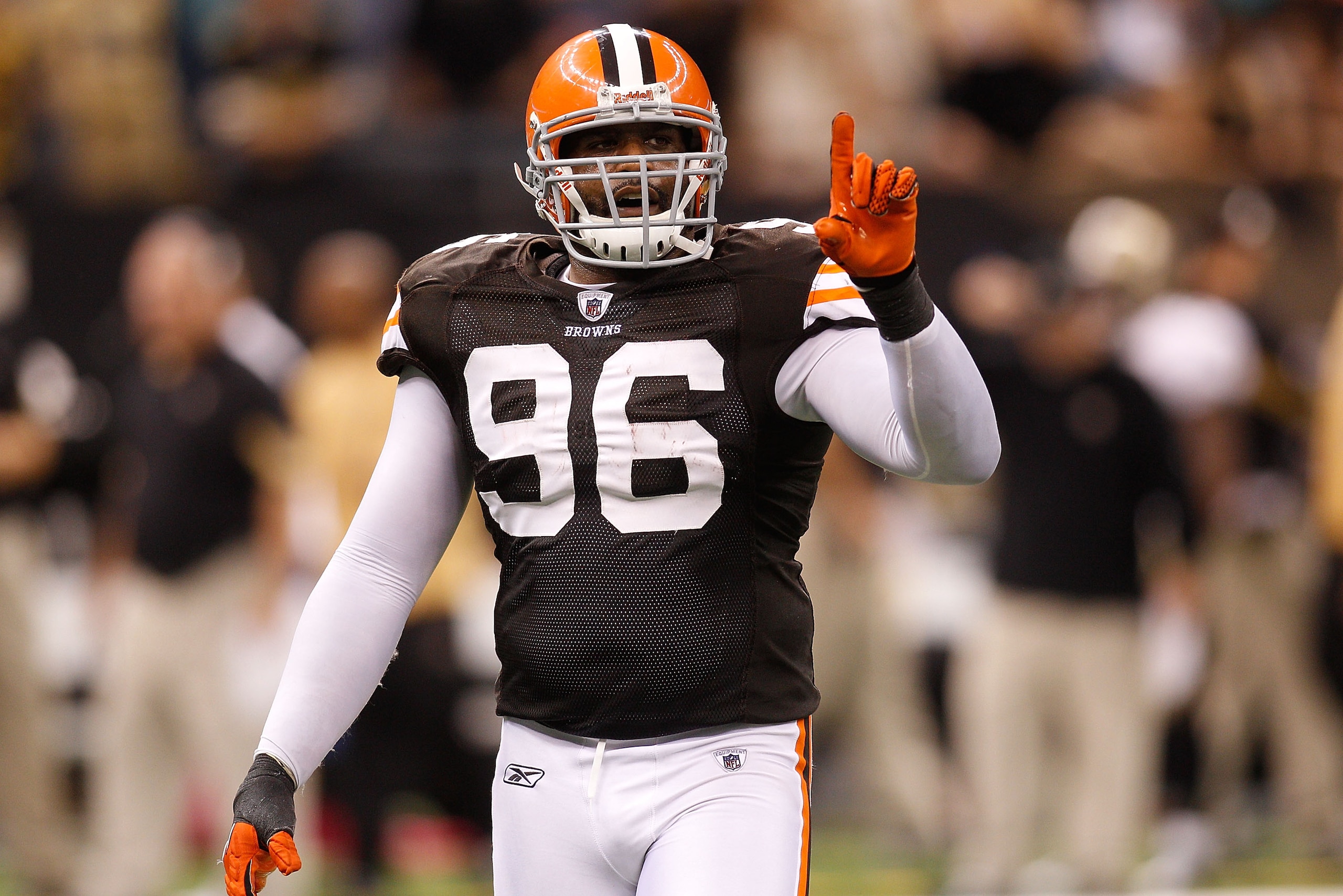 NEW ORLEANS - OCTOBER 24:  David Bowens #96 of the Cleveland Browns calls to the sideline during the game against the New Orleans Saints at the Louisiana Superdome on October 24, 2010 in New Orleans, Louisiana.  (Photo by Chris Graythen/Getty Images)