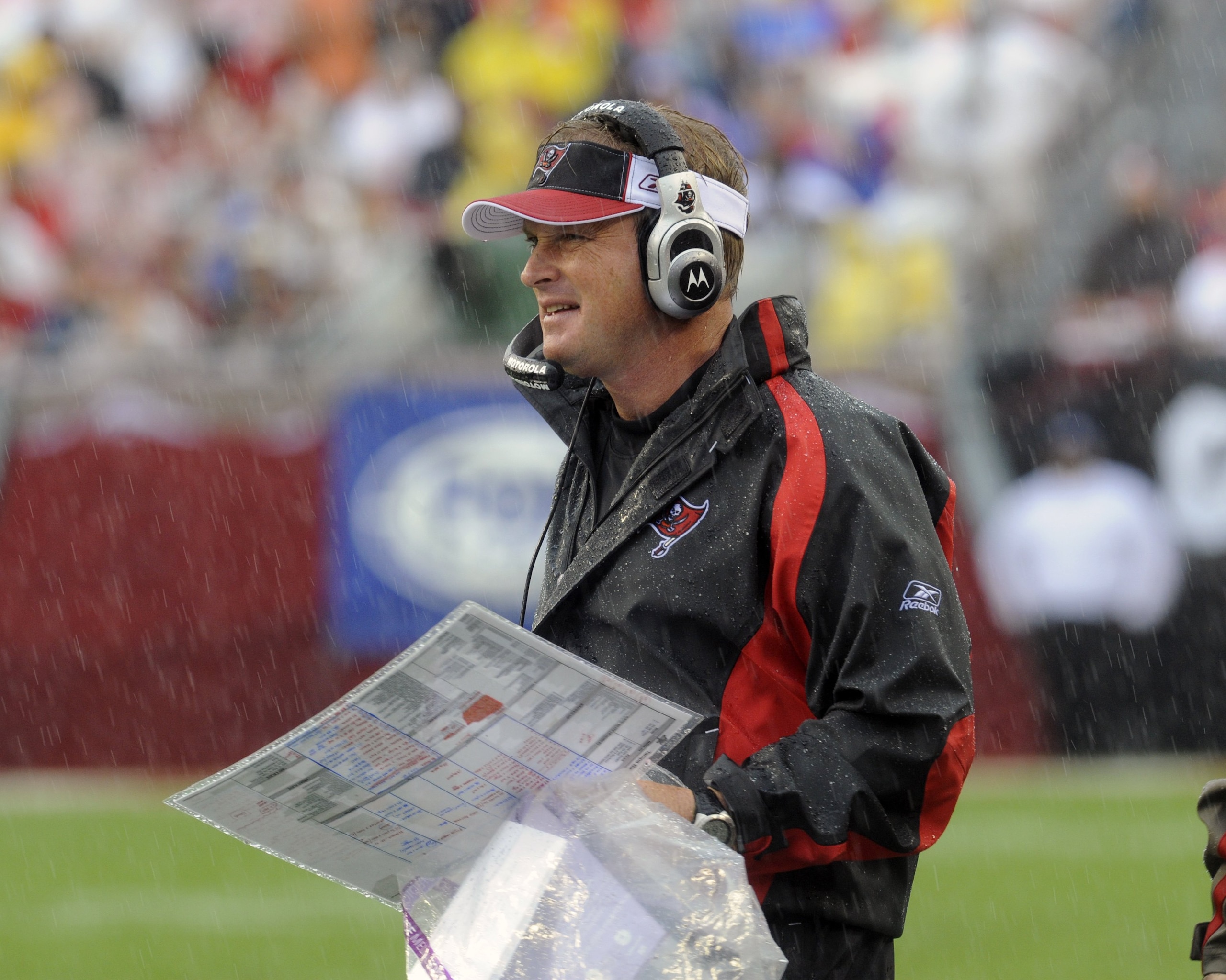 TAMPA, FL - NOVEMBER 30: Coach Jon Gruden of the Tampa Bay Buccaneers directs play against the New Orleans Saints at Raymond James Stadium on November 30, 2008 in Tampa, Florida.  (Photo by Al Messerschmidt/Getty Images)