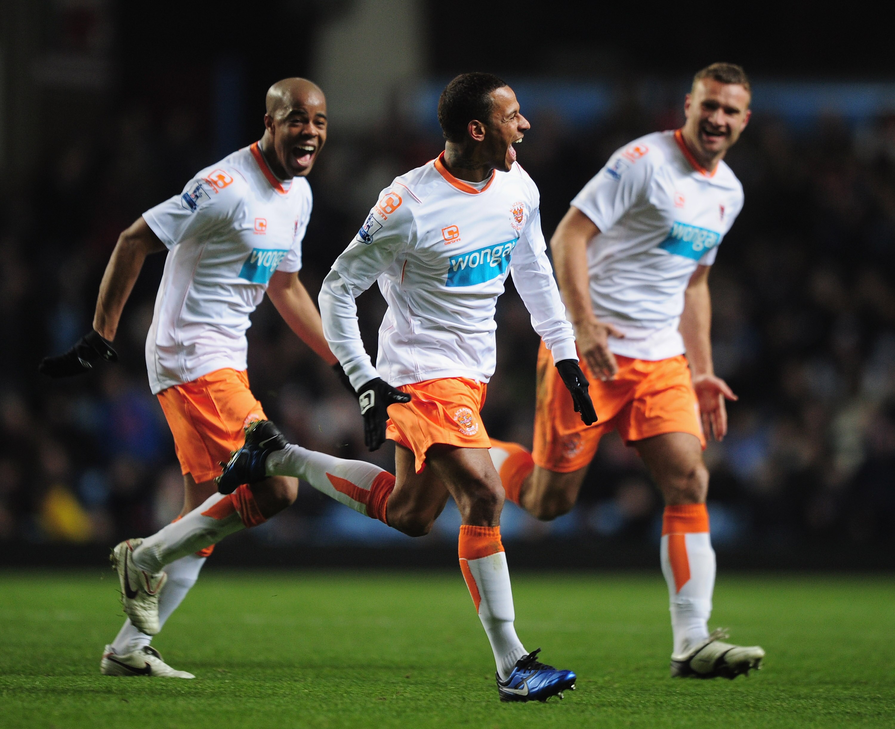 BIRMINGHAM, ENGLAND - NOVEMBER 10:  DJ Campbell of Blackpool celebrates after scoring during the Barclays Premier League match between Aston Villa and Blackpool at Villa Park on November 10, 2010 in Birmingham, England.  (Photo by Shaun Botterill/Getty Im