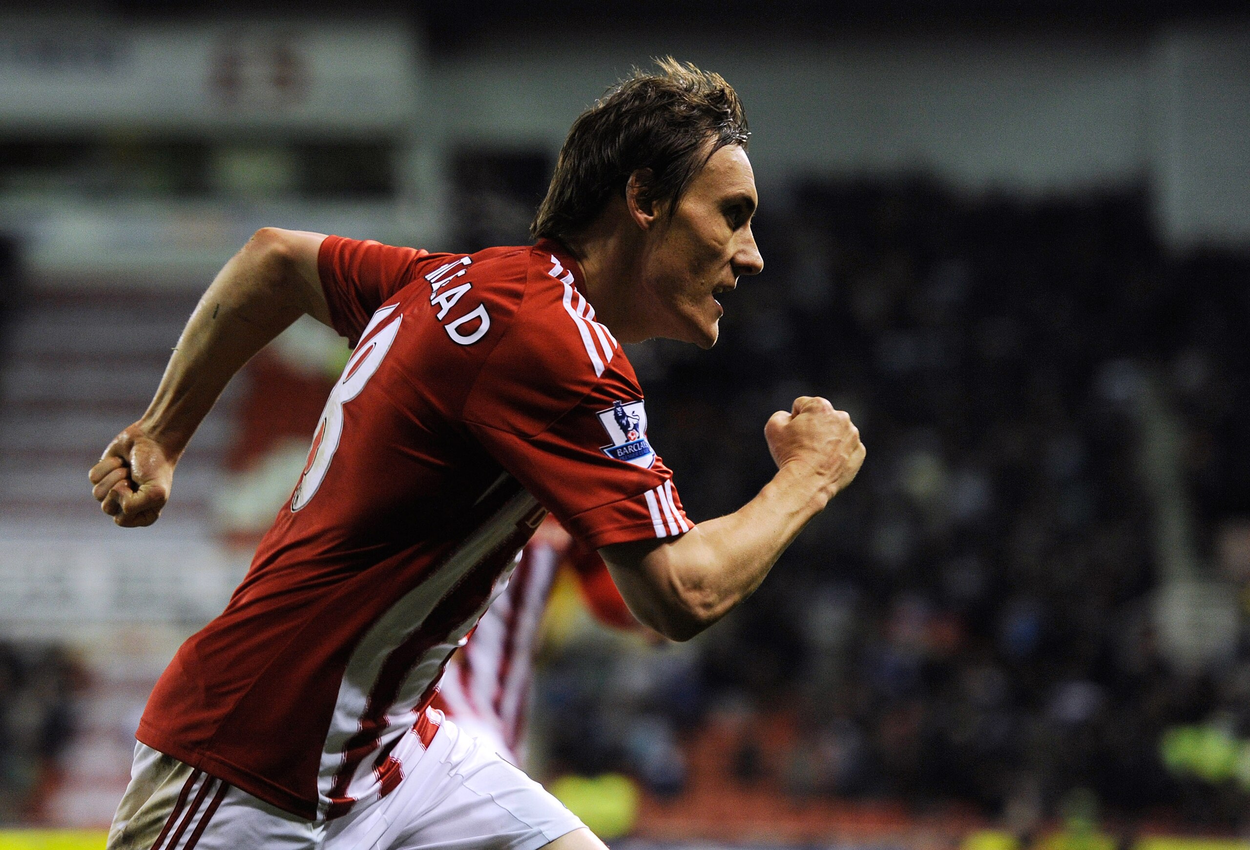 STOKE ON TRENT, ENGLAND - NOVEMBER 09:  Dean Whitehead of Stoke celebrates scoring to make it 3-2 during the Barclays Premier League match between Stoke City and Birmingham City at the Britannia Stadium on November 9, 2010 in Stoke on Trent, England.  (Ph