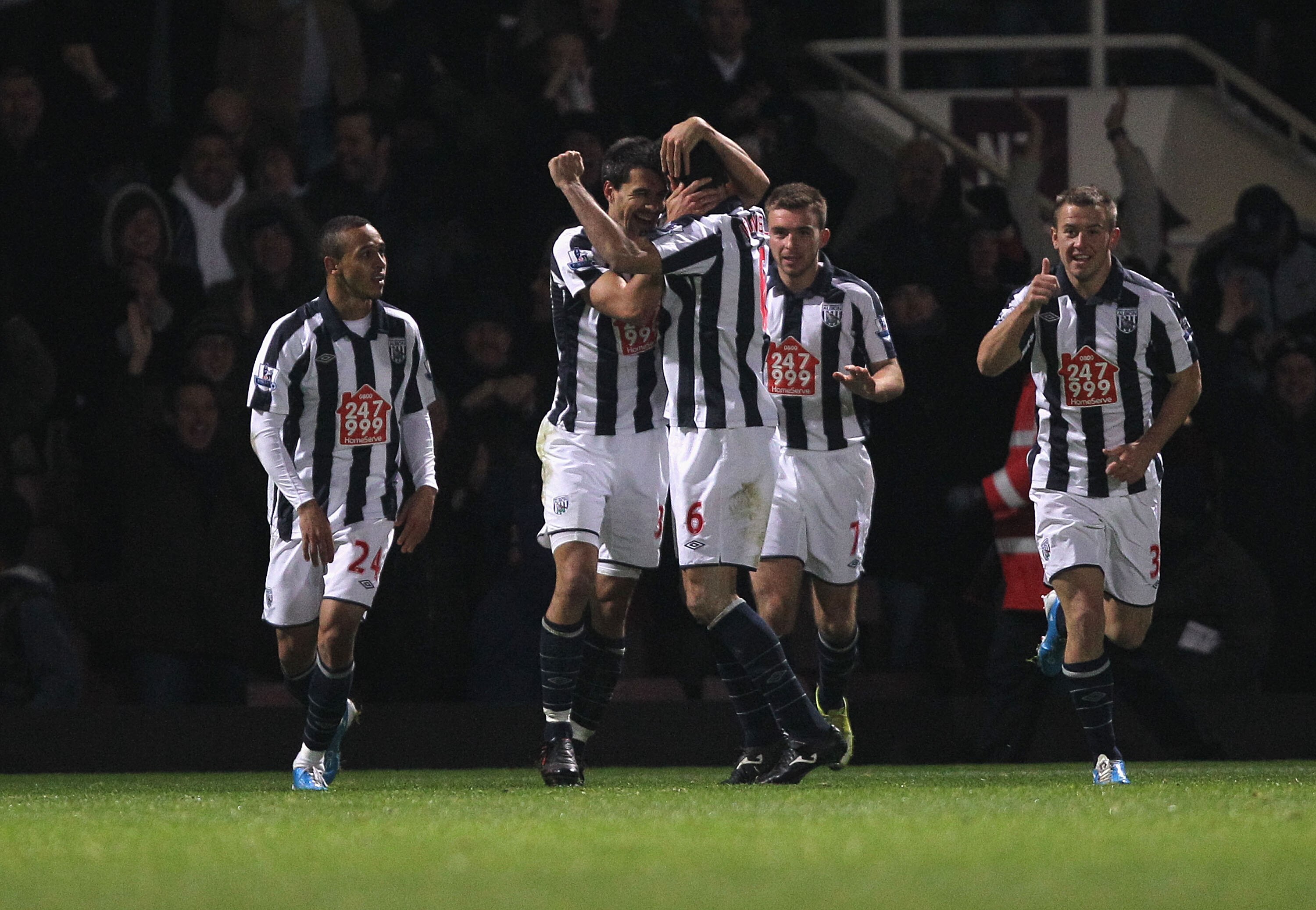 LONDON, ENGLAND - NOVEMBER 10:  West Bromwich players celebrate their second goal during the Barclays Premier League match between West Ham United and West Bromwich Albion at Boleyn Ground on November 10, 2010 in London, England.  (Photo by Hamish Blair/G