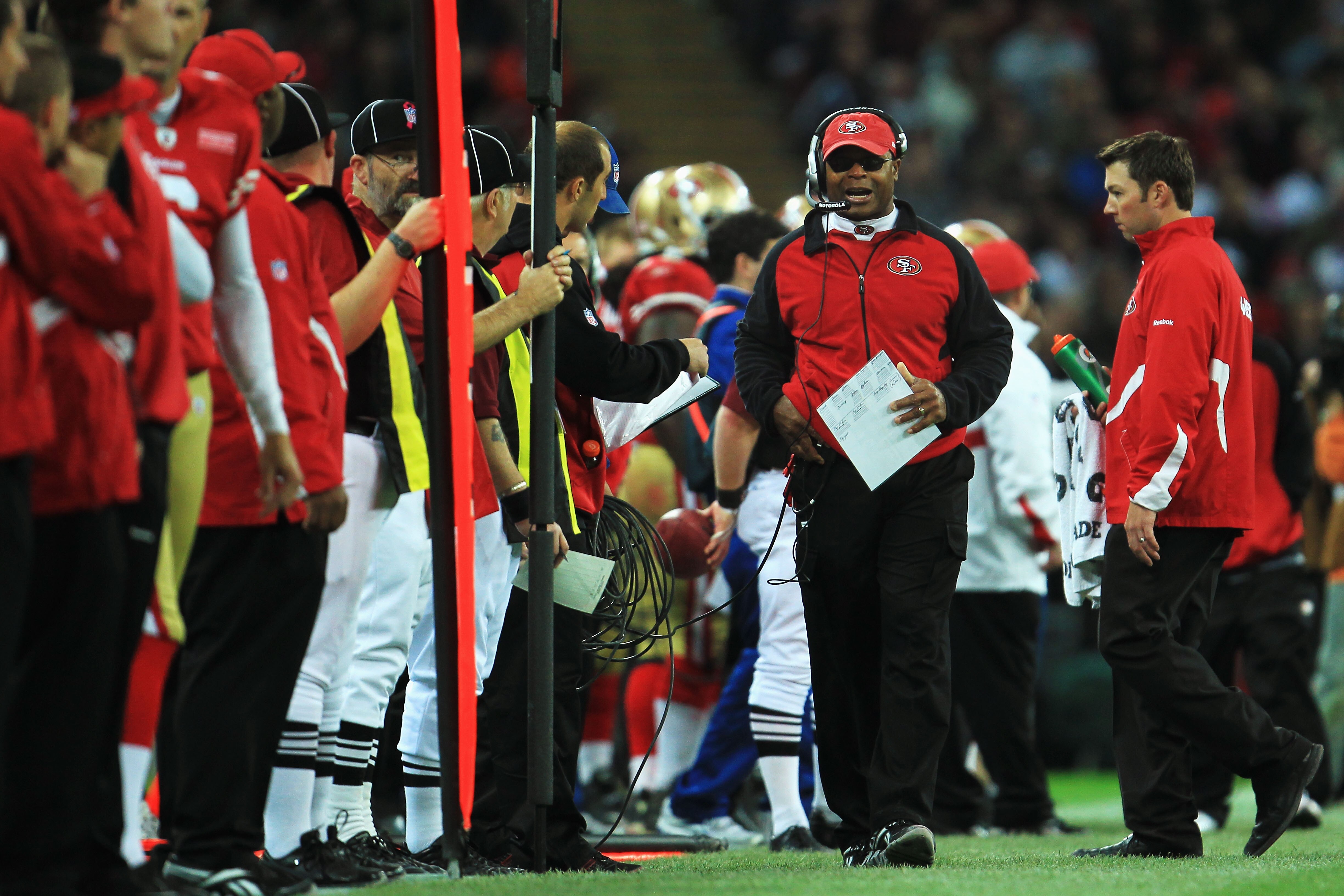 LONDON, ENGLAND - OCTOBER 31:  Mike Singletary head coach of San Francisco 49ers gives instructions during the NFL International Series match between Denver Broncos and San Francisco 49ers at Wembley Stadium on October 31, 2010 in London, England. This is