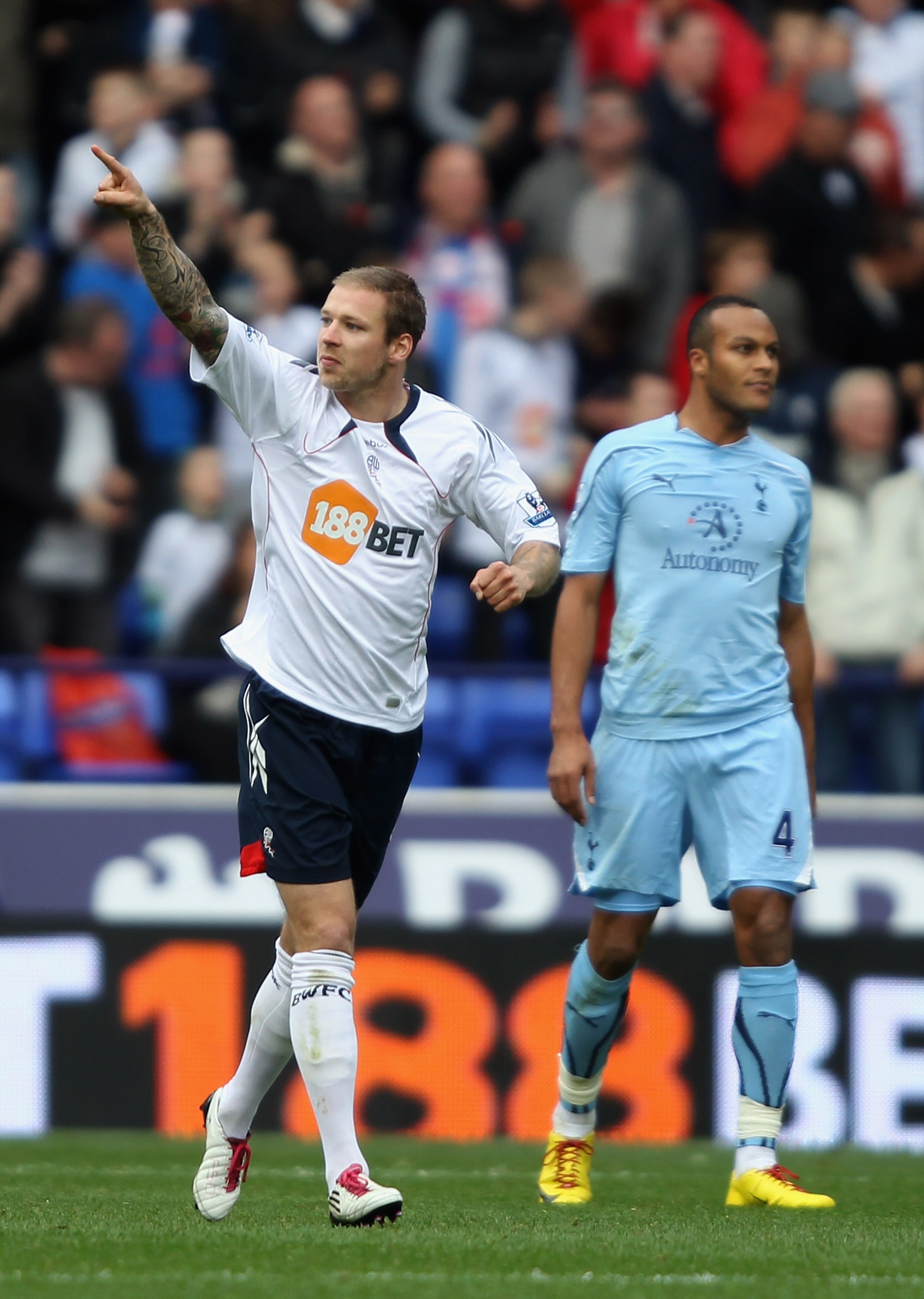 BOLTON, ENGLAND - NOVEMBER 06: Gretar Steinsson of Bolton Wanderers celebrates after scoring the second goal during the Barclays Premier League match between Bolton Wanderers and Tottenham Hotspur at the Reebok Stadium on November 6, 2010 in Bolton, Engla