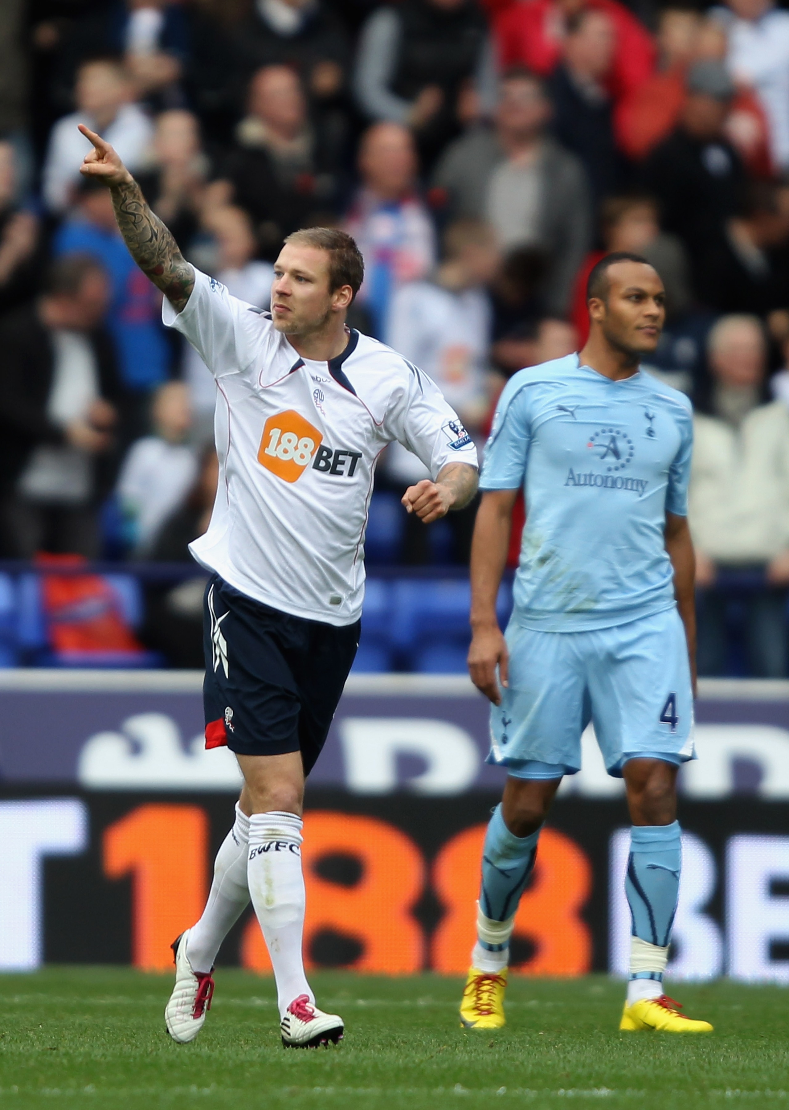 BOLTON, ENGLAND - NOVEMBER 06: Gretar Steinsson of Bolton Wanderers celebrates after scoring the second goal during the Barclays Premier League match between Bolton Wanderers and Tottenham Hotspur at the Reebok Stadium on November 6, 2010 in Bolton, Engla