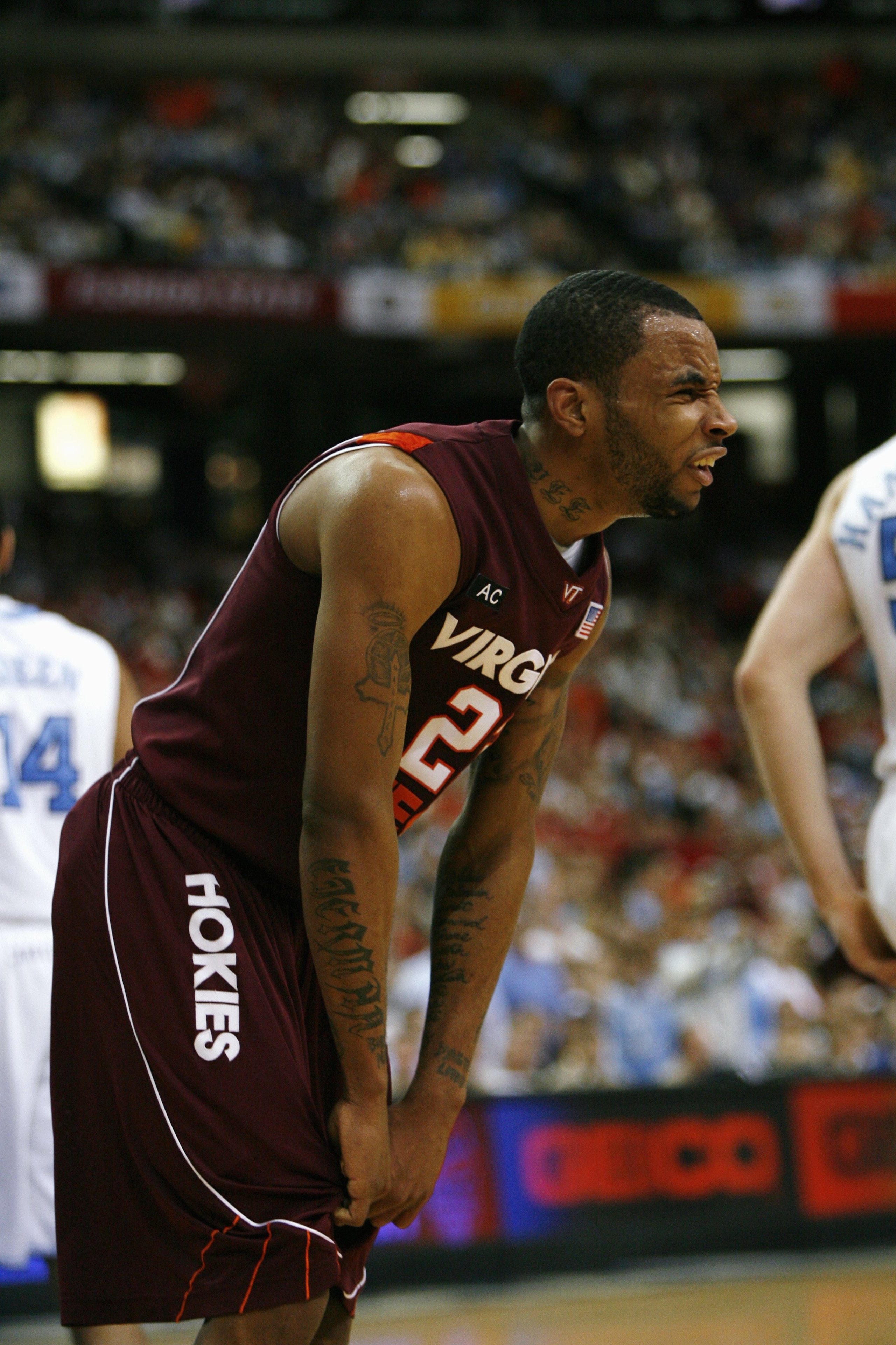 ATLANTA - MARCH 13:  Malcolm Delaney #23 of the Virginia Tech Hokies reacts to play against the North Carolina Tar Heels during day two of the 2009 ACC Men's Basketball Tournament on March 13, 2009 at the Georgia Dome in Atlanta, Georgia.  (Photo by Kevin