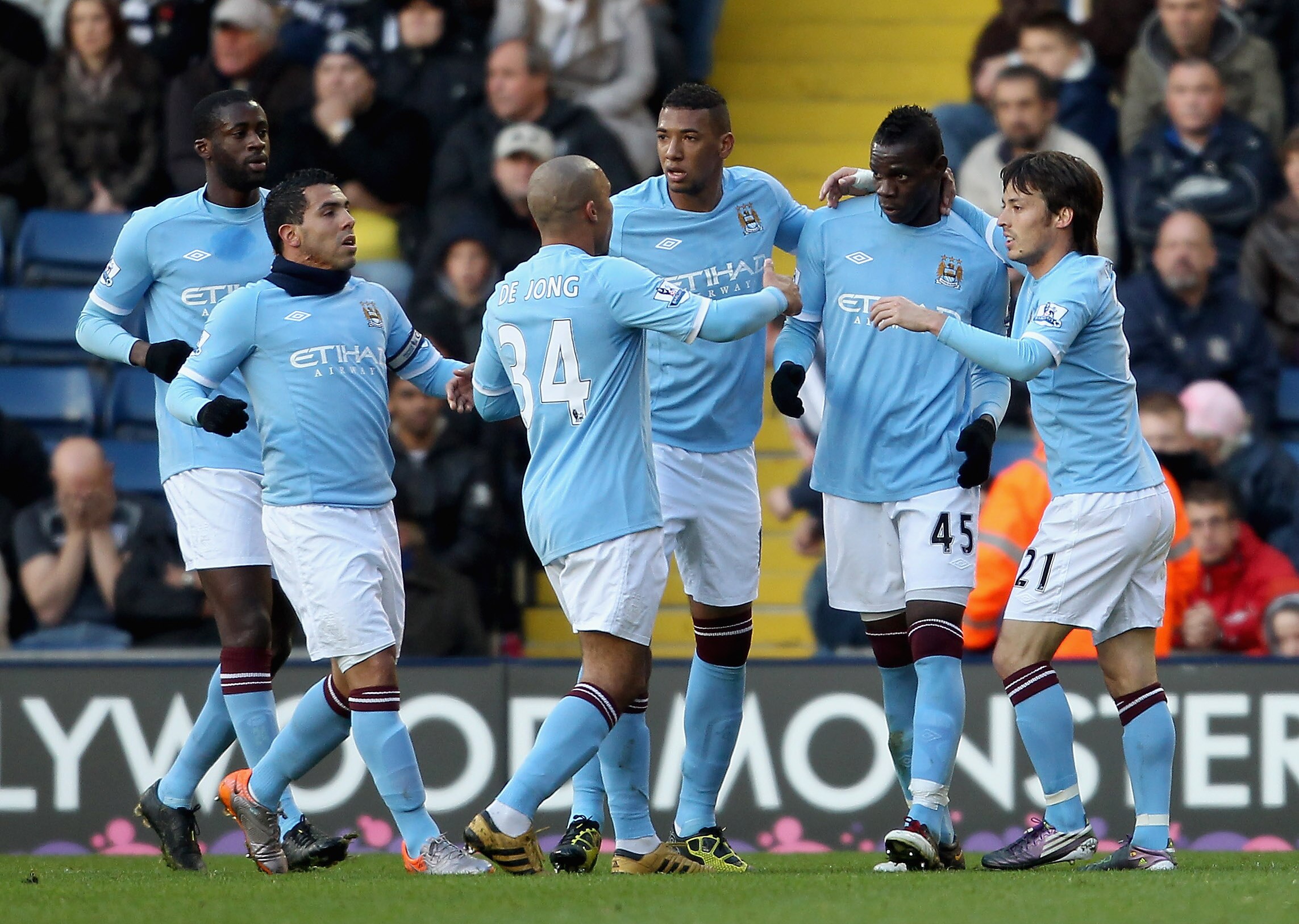 WEST BROMWICH, ENGLAND - NOVEMBER 07: Manchester City's Mario Balotelli (2nd R) celebrates after scoring their second goal during the Barclays Premier League match between West Bromwich Albion and Manchester City at The Hawthorns on November 7, 2010 in We