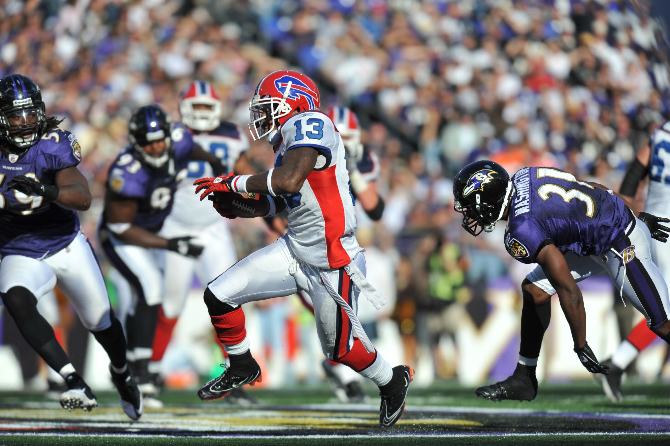 BALTIMORE, MD - OCTOBER 24:  Steve Johnson #13 of the Buffalo Bills runs the ball against the Baltimore Ravens at M&T Bank Stadium on October 24, 2010 in Baltimore, Maryland. The Ravens defeated the Bills 37-34. (Photo by Larry French/Getty Images)
