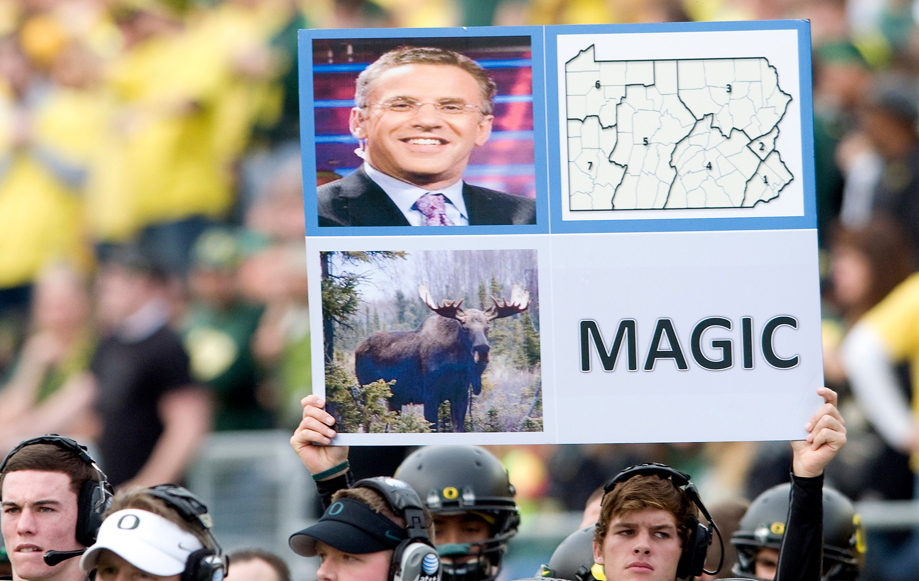 EUGENE, OR - NOVEMBER 06: Plays are signaled out to the Oregon Ducks offensive team by use of a large signal board in the first quarter of the game against the Washington Huskies at Autzen Stadium on November 6, 2010 in Eugene, Oregon. The Ducks won the g