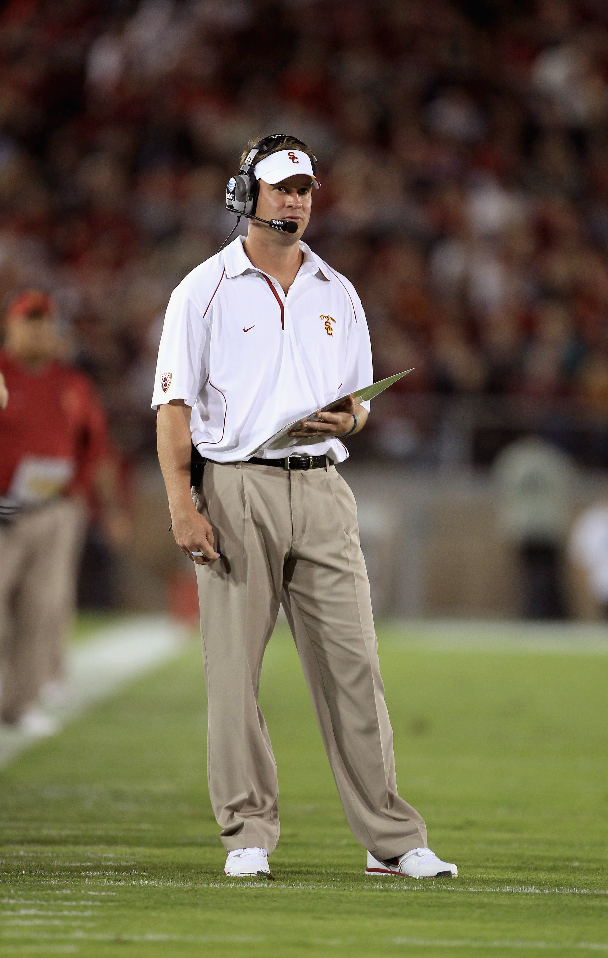 PALO ALTO, CA - OCTOBER 09: USC Trojans head coach Lane Kiffin stands on the sidelines during their game against the Stanford Cardinal at Stanford Stadium on October 9, 2010 in Palo Alto, California. (Photo by Ezra Shaw/Getty Images) PALO ALTO, CA - OCTOBER 09: USC Trojans head coach Lane Kiffin stands on the sidelines during their game against the Stanford Cardinal at Stanford Stadium on October 9, 2010 in Palo Alto, California. (Photo by Ezra Shaw/Getty Images)