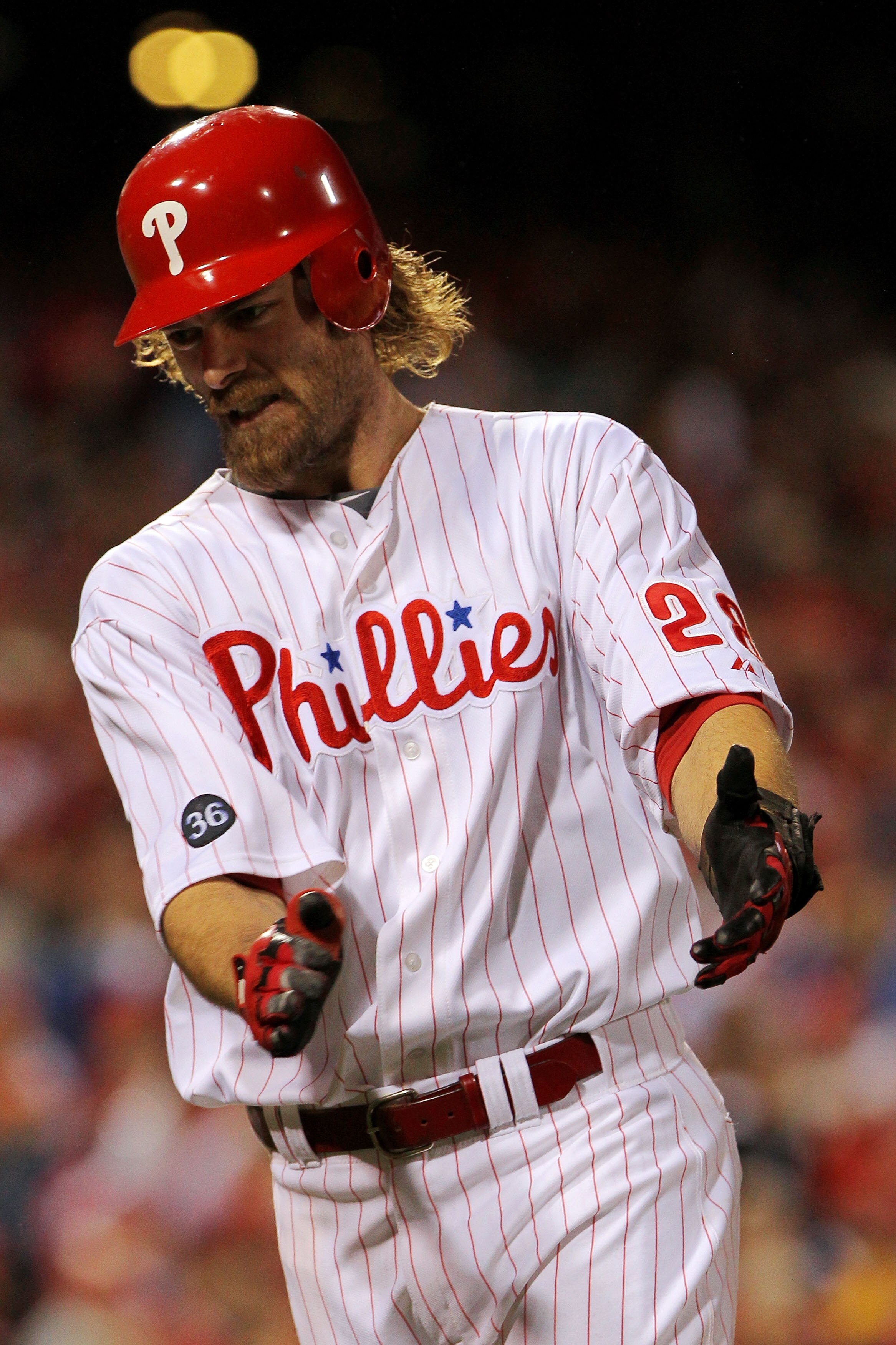 PHILADELPHIA - OCTOBER 23:  Jayson Werth #28 of the Philadelphia Phillies reacts after a sacrifice fly for an RBI against the San Francisco Giants in Game Six of the NLCS during the 2010 MLB Playoffs at Citizens Bank Park on October 23, 2010 in Philadelph