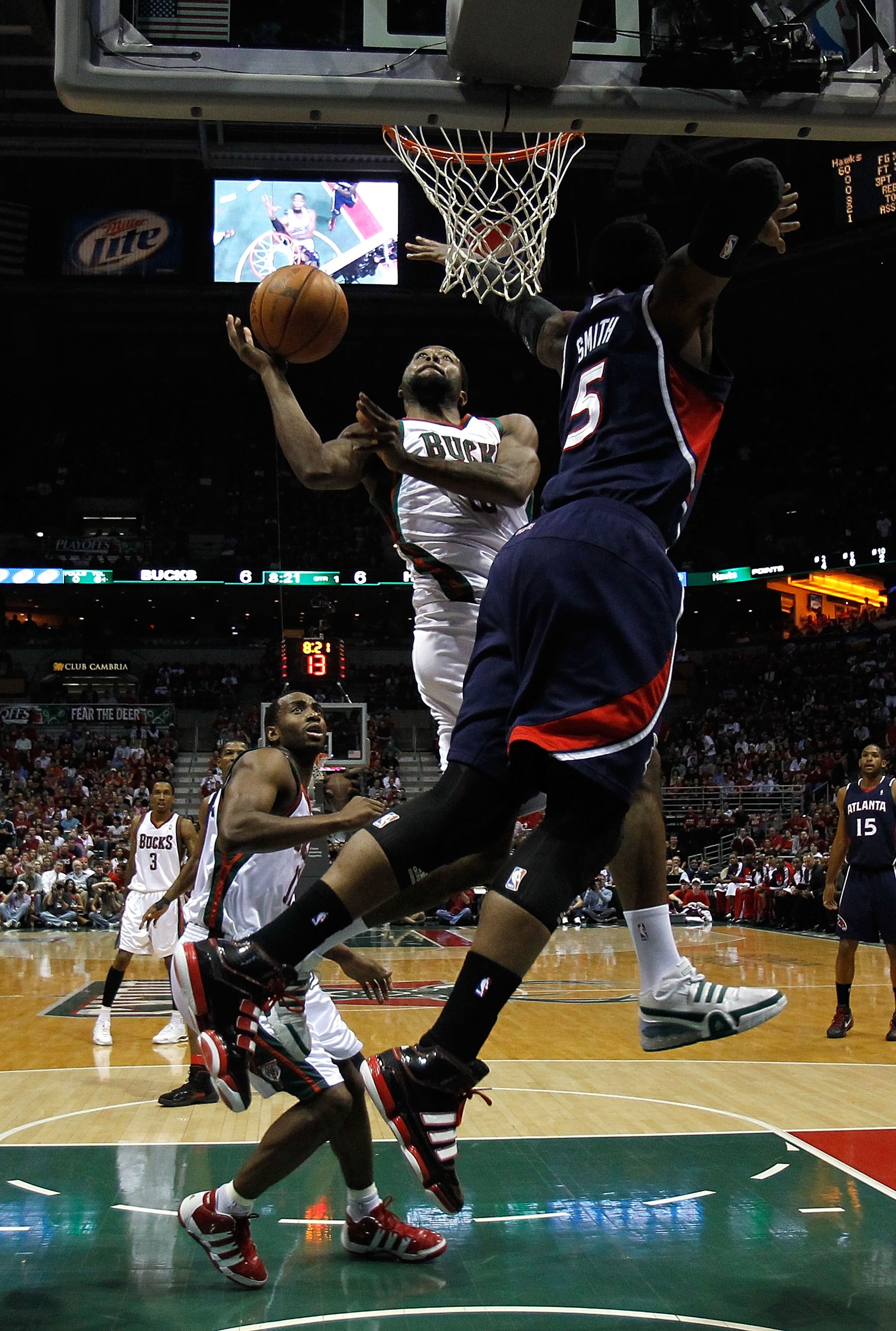 MILWAUKEE - APRIL 30: John Salmons #15 of the Milwaukee Bucks puts up a shot against Josh Smith #5 of the Atlanta Hawks in Game Six of the Eastern Conference Quarterfinals during the 2010 NBA Playoffs at the Bradley Center on April 30, 2010 in Milwaukee, 