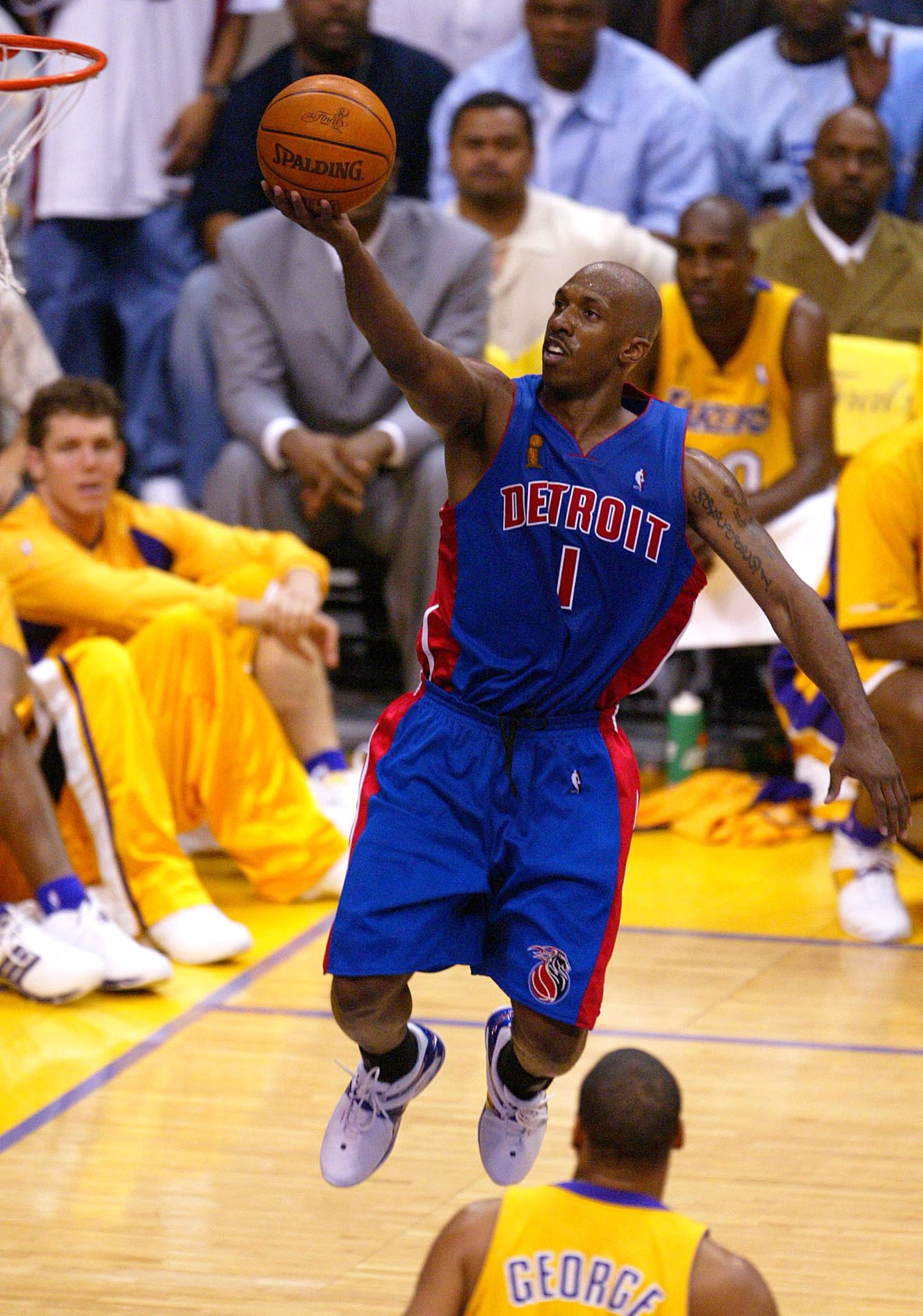 LOS ANGELES - JUNE 8:  Chauncey Billups #1 of the Detroit Pistons lays a shot up against the Los Angeles Lakers in Game 2 of the 2004 NBA Finals on June 8, 2004 at Staples Center in Los Angeles, California.  NOTE TO USER: User expressly acknowledges and a