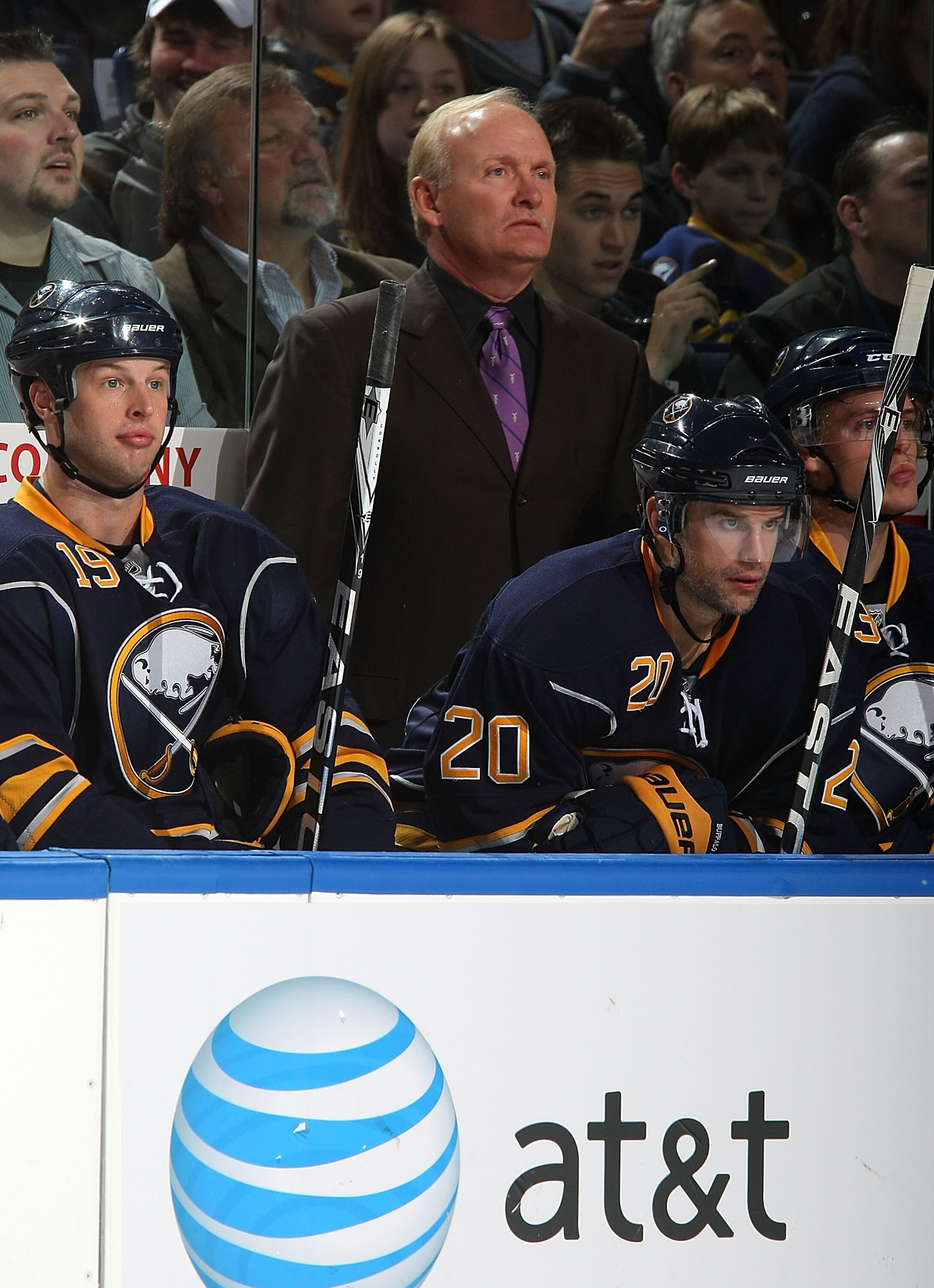BUFFALO - OCTOBER 22:  Head Coach Lindy Ruff of the Buffalo Sabres looks on as his team faces the Ottawa Senators during their NHL game at HSBC Arena October 22, 2010 in Buffalo, New York.(Photo By Dave Sandford/Getty Images)