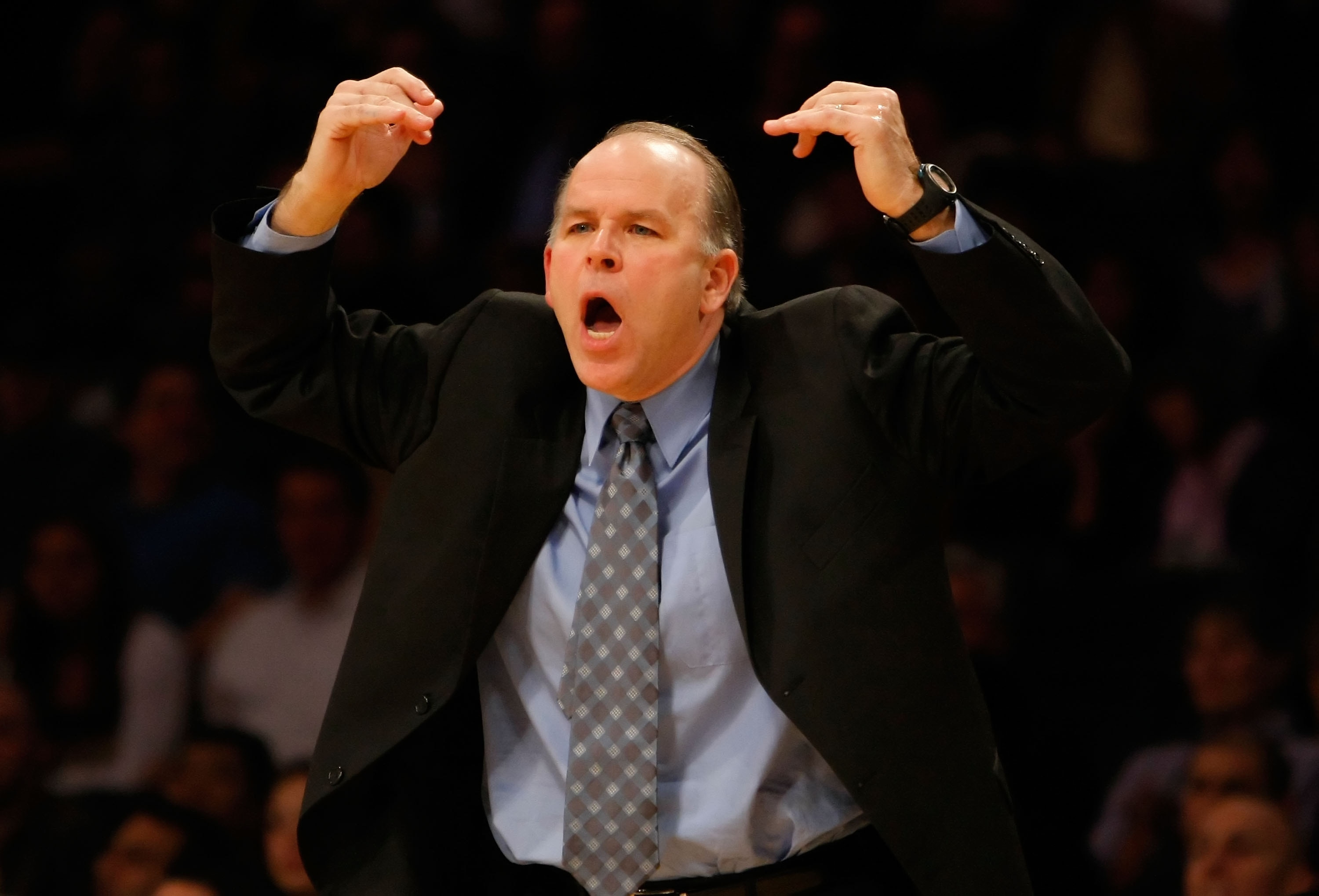LOS ANGELES, CA - NOVEMBER 17:  Detroit Pistons head coach John Kuester calls out a play against the Los Angeles Lakers at Staples Center on November 17, 2009 in Los Angeles, California. The Lakers defeated the Pistons 106-93.  NOTE TO USER: User expressl