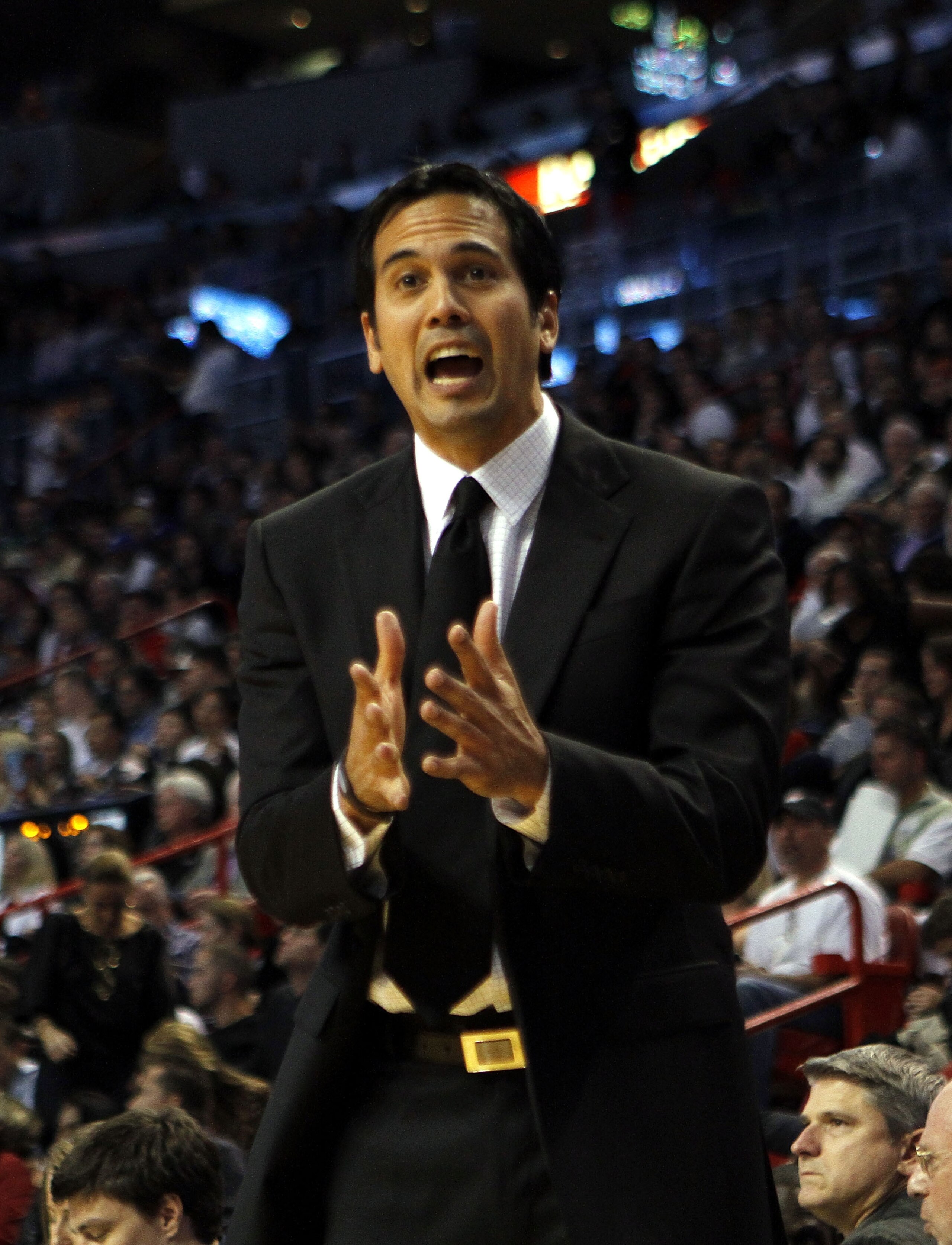 MIAMI - NOVEMBER 06:  Head coach Erik Spoelstra of the Miami Heat calls plays against the New Jersey Nets  at American Airlines Arena on November 6, 2010 in Miami, Florida. NOTE TO USER: User expressly acknowledges and agrees that, by downloading and or u